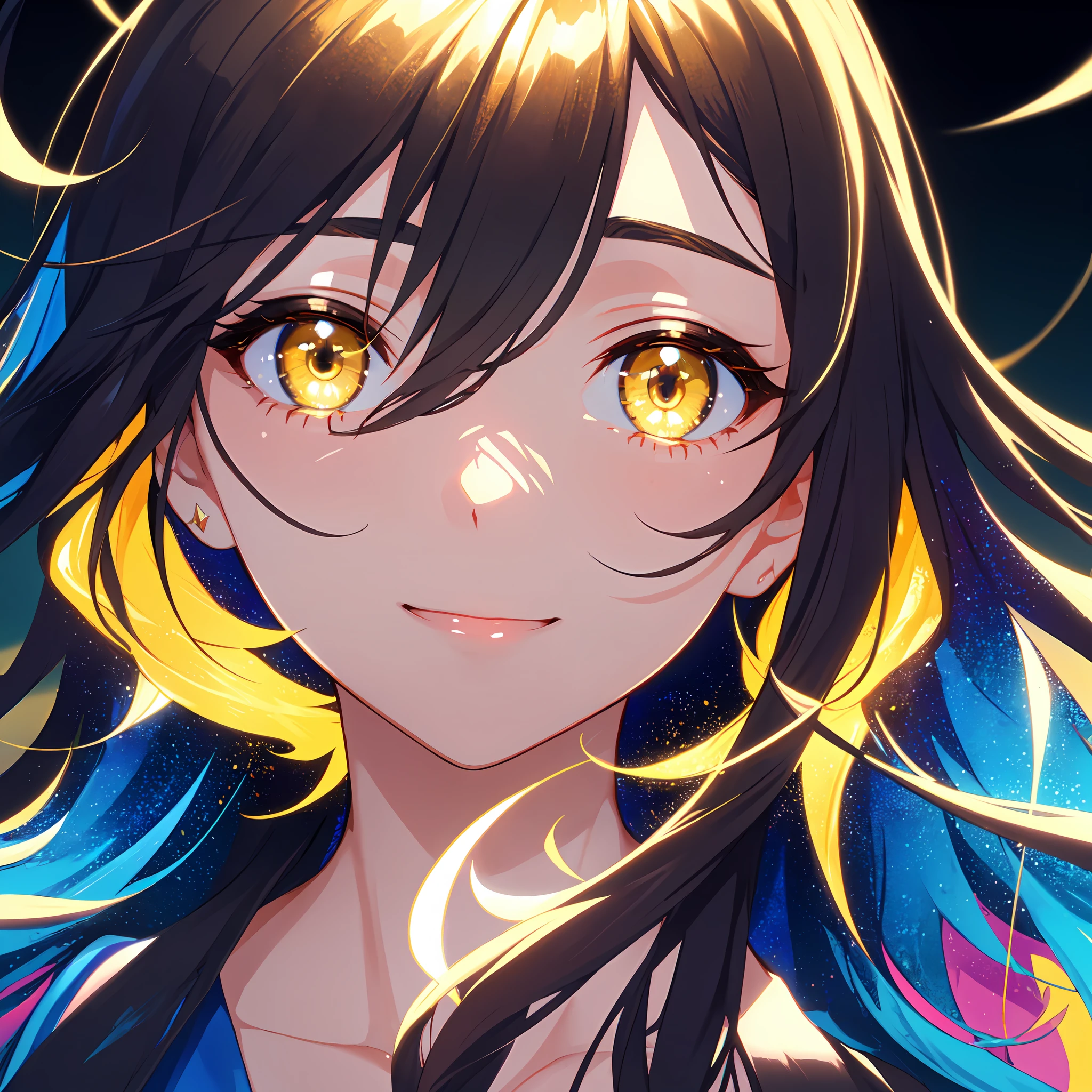 (best quality, masterpiece:1.5, wallpaper), (1girl, solo, sharp face, dynamic angle), colorful, (gentle smile, happiness expression), (detailed hair, long hair, black hair, yellow highlight, hair between the eyes), (vibrant color, yellow eyes, finely detailed beautiful eyes:1.2), (beautiful detailed face), (an extremely delicate and beautiful), high contrast, (detailed background, best illumination, hyper detailed background, beautiful scenary, amazing background),