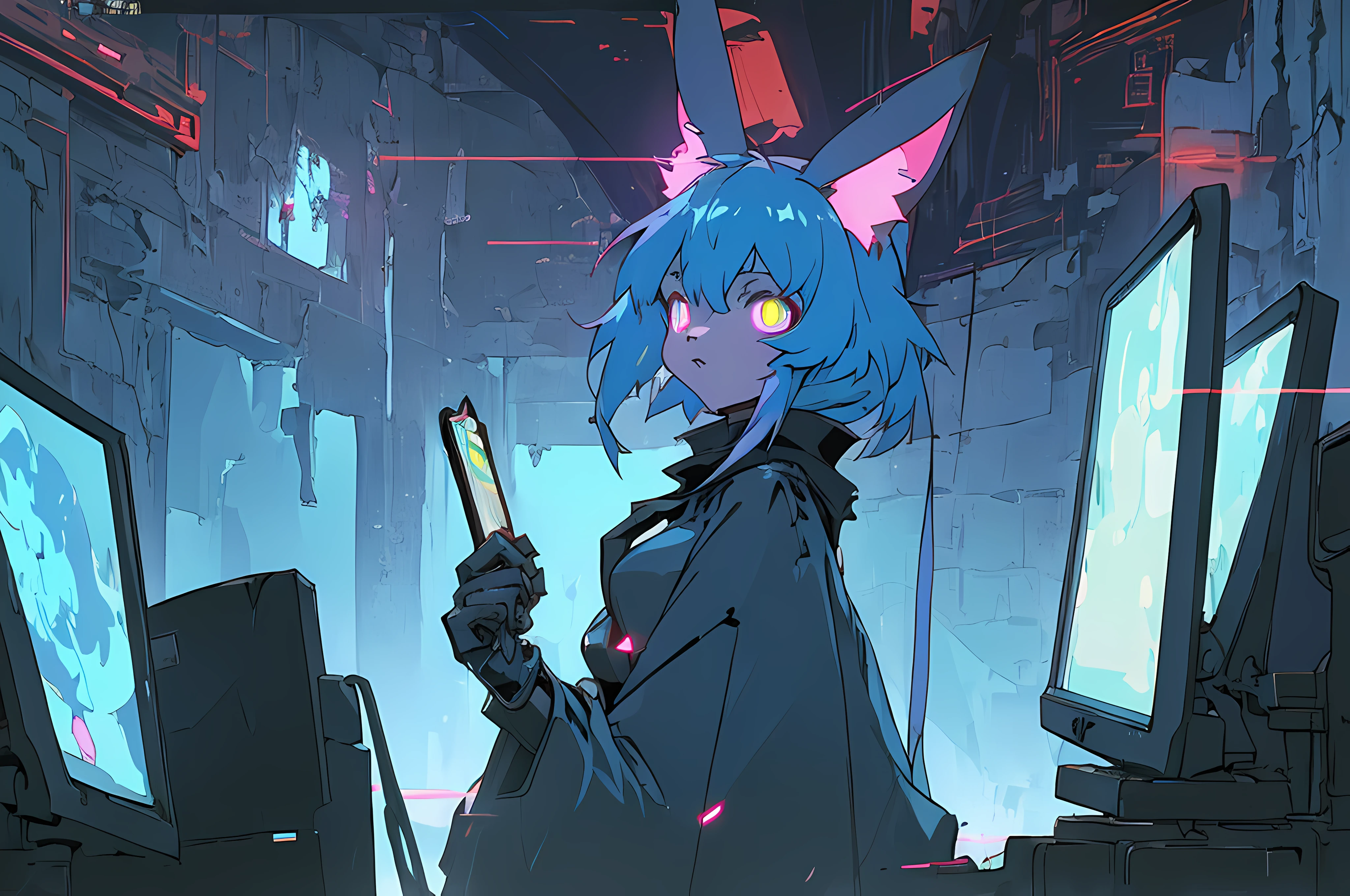 (((cyberpunk bleak bleak bleak dark black black black bleak gray vampire hunter d))), (vintage vhs), (crt screenshot), (((dark scene))), (((dark cloudy scene))), (((angel's egg anime))), (((serial experiments lain anime))), (((underground basement scene))), (((unlit nighttime scene))), (((dark abandoned cyberpunk glowing screens lab house))), (((solemn blue anthro kemono furry rabbit with tall bunny ears exploring old computer screens))), (((underground cavern filled with glowing computer screens))), anime rabbit character with futuristic hair and glowing eyes and tall bunny ears exploring old ruins, anime art, anime aesthetic, (((old ruins in background cel art))), kemono anime rabbit girl, wearing cybernetic bunny ears, angry female fighter --v6