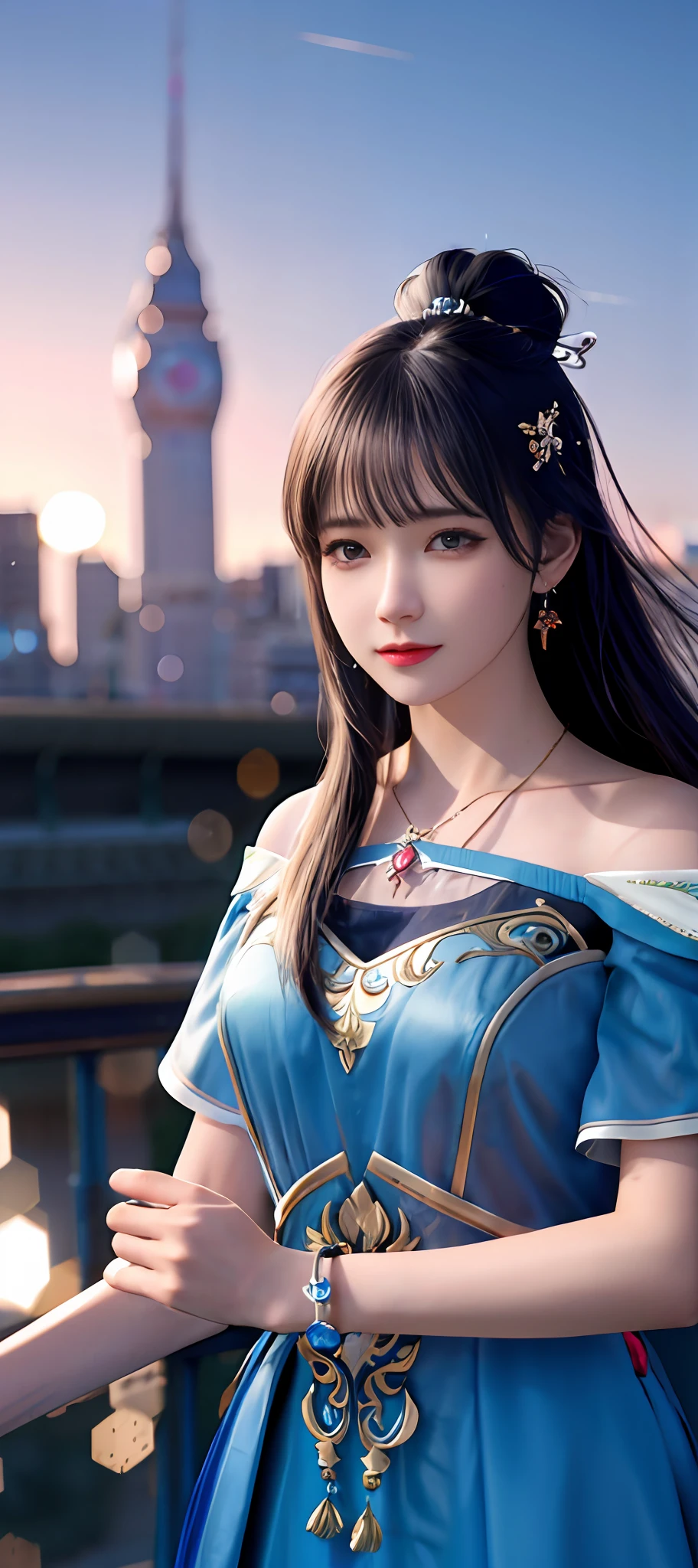 realisticity: 1.2), best quality, masterpiece, highres, cg, 1girl, weapon, sword, long hair, dress, water, solo, jewelry, blue dress, earrings, hair ornament, splashing, upper body super realistis, hair bun, blue and pink hair, city backgraun realistis, lighting,candid, Photograph, high resolution, 4k, 8k, Bokeh,