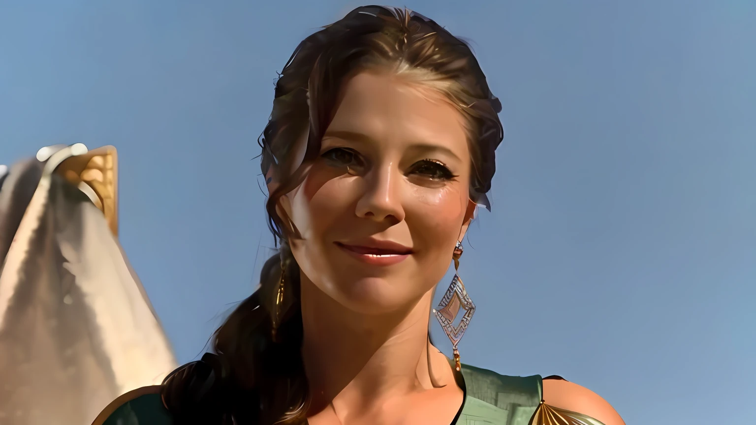 um close up de uma mulher com um vestido verde e um cavalo, Evangeline Lilly, A Deusa Hera parecendo irritada, tears running down face, her face hurts, captura de tela do filme, Beautiful, so happy that her face hurts, Giga Chade chorando, gorgeous, choro bonito! mulher androide, A Deusa Hera parecendo irritada, Teary, the goddess artemis smirking