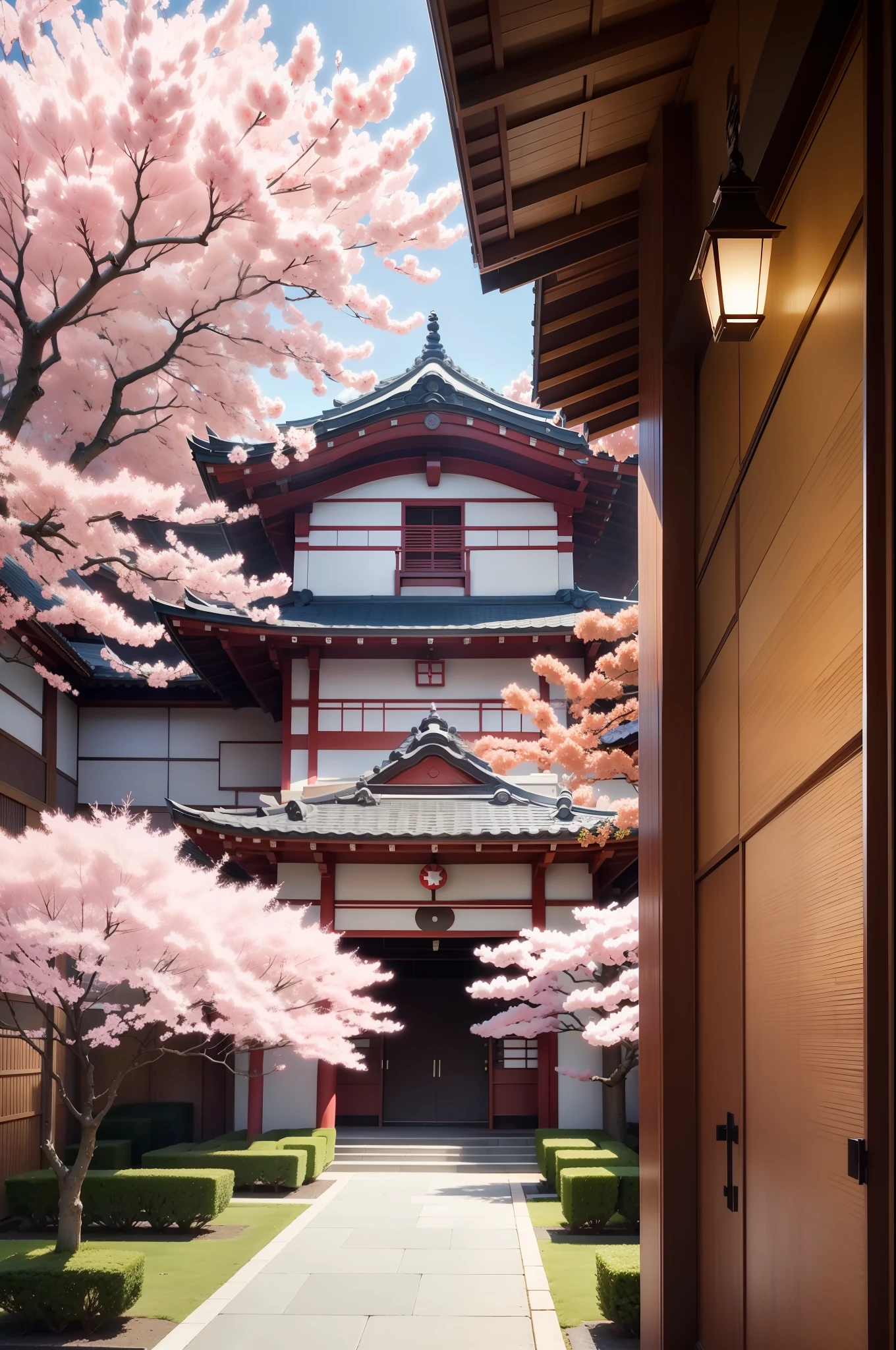 Create a Pokémon gym surrounded by sakura cherry trees, com arquitetura japonesa, ordenado por lanternas japonesas, full of elements and details that refer to Japanese culture. Anime Style. Cor-de-rosa.