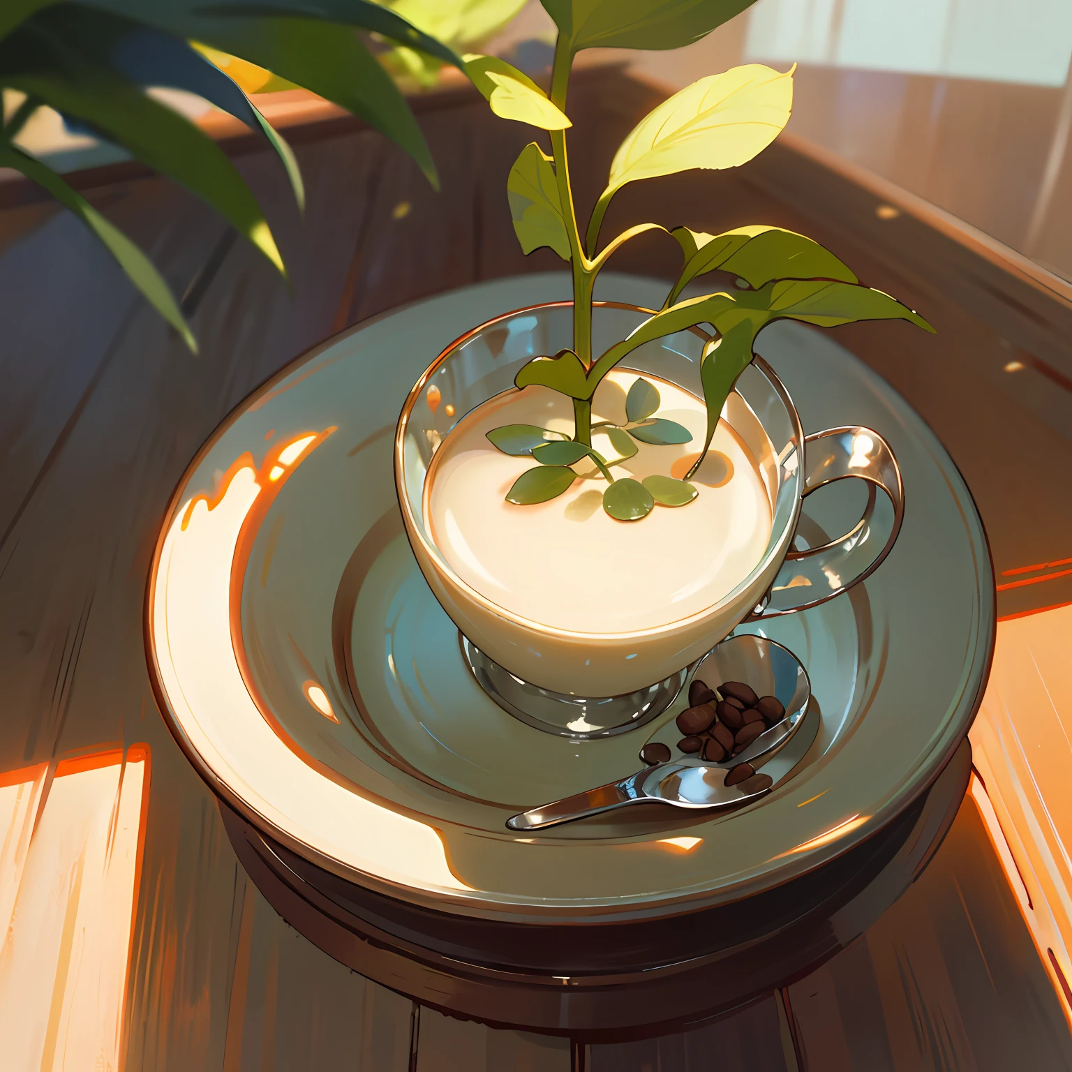 analogue style ((Artistic)) professional ((still-life)) coffee bean,Photo of a glass of latte(glass)(Cold), linen, Rough wooden table, green plant, harmonic colors, Overlooking, Long shadows, small detailed, oil painted