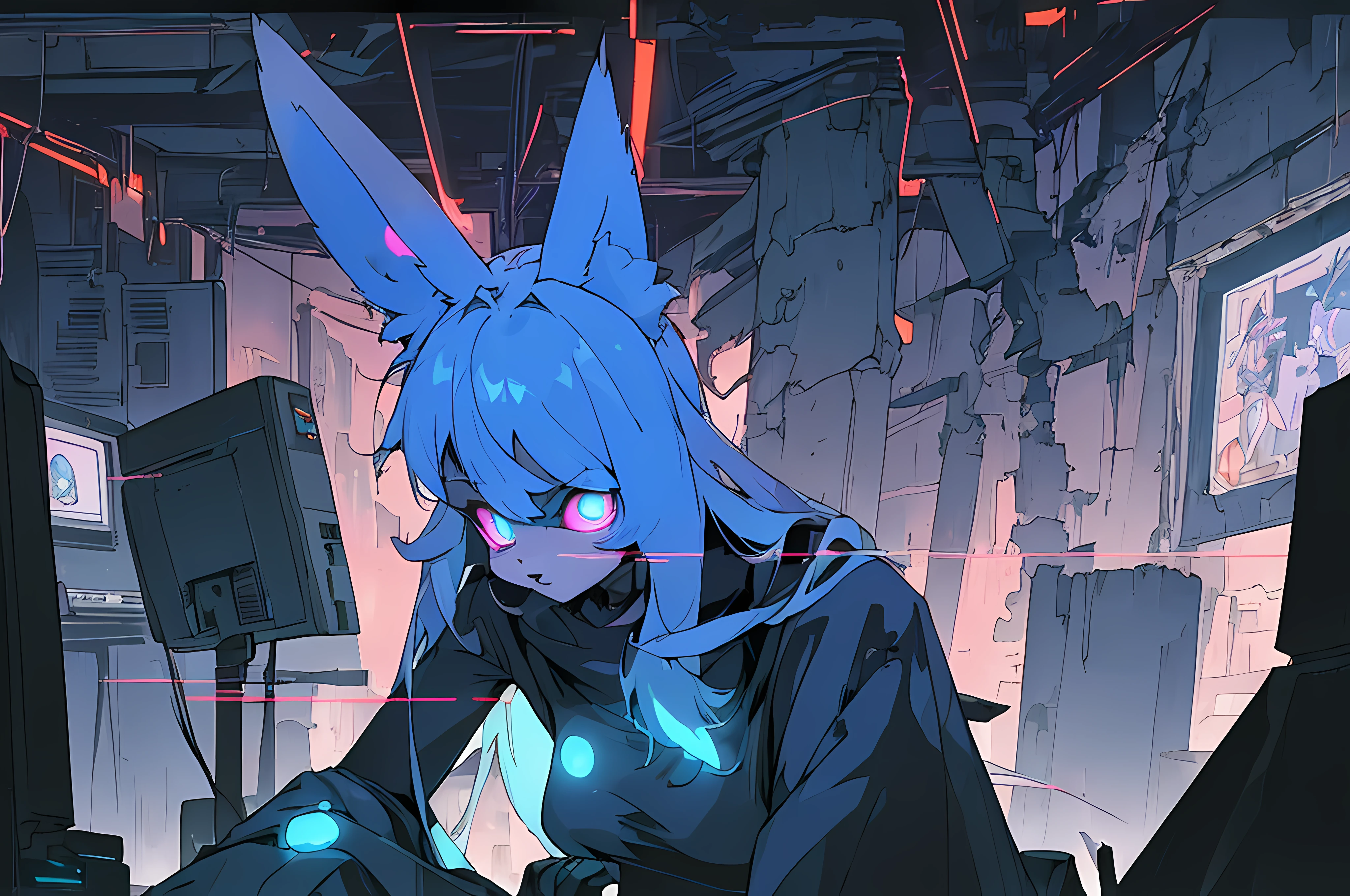 (((cyberpunk bleak bleak bleak dark black black black bleak gray))), vampire hunter d, (vintage vhs), (crt screenshot), (((dark scene))), (((dark cloudy scene))), (((angel's egg anime))), (((serial experiments lain anime))), (((underground basement scene))), (((unlit nighttime scene))), (((dark abandoned cyberpunk glowing screens lab house))), (((solemn blue anthro kemono furry rabbit with tall bunny ears exploring old computer screens))), (((underground cavern filled with glowing computer screens))), anime rabbit character with futuristic hair and glowing eyes and tall bunny ears exploring old ruins, anime art, anime aesthetic, (((old ruins in background cel art))), kemono anime rabbit girl, wearing cybernetic bunny ears, angry female fighter --v6
