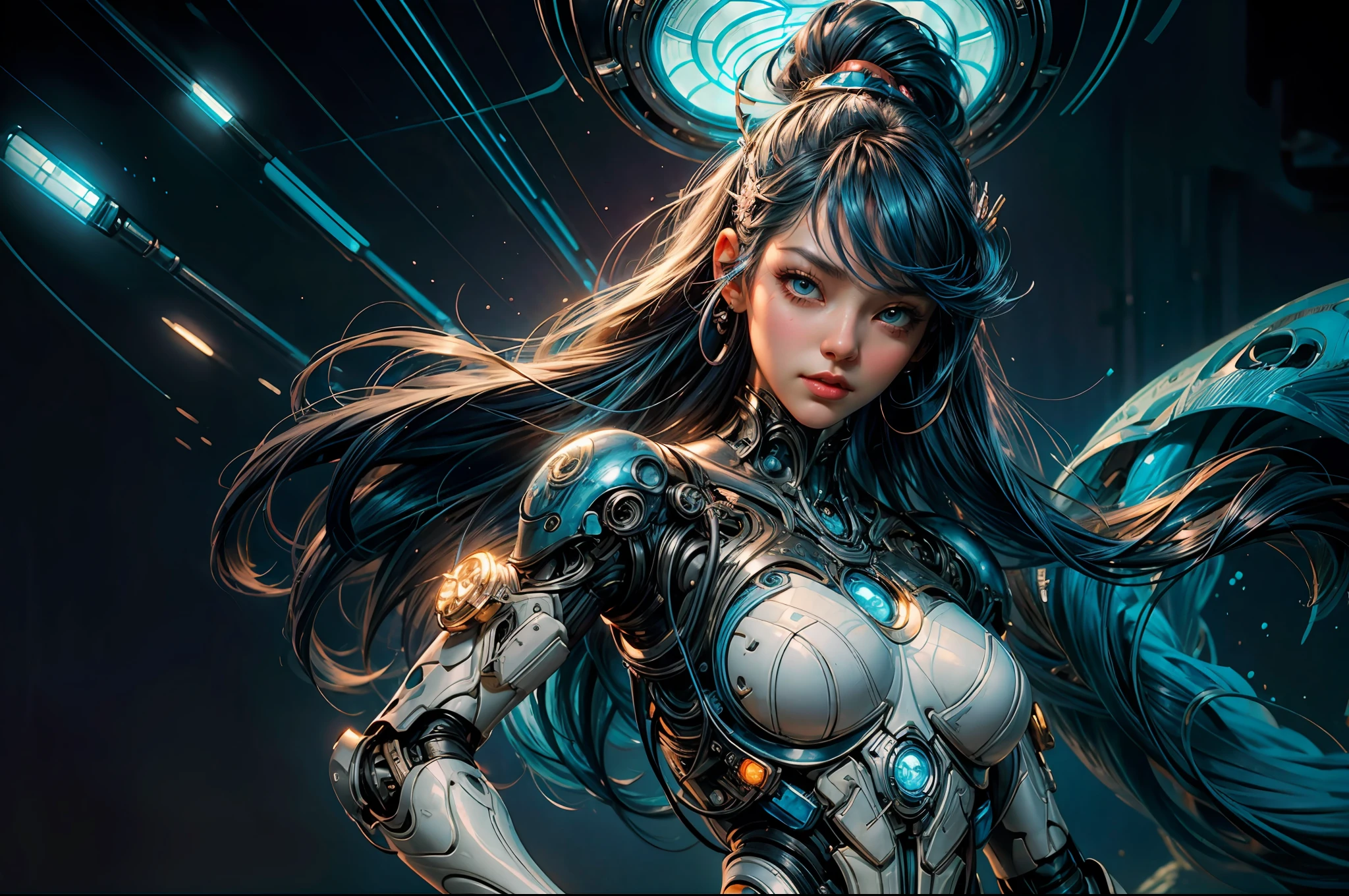 painting of a cyborg woman with a blue hair and a flower in her hair with cyber arms de costas, artgerm and james jean, anna dittmann alberto vargas, in style of anna dittmann, beautiful retro art, a beautiful artwork illustration, inspired by James Jean, james jean and wlop, james jean soft light 4 k, james jean soft light 4k, beautiful digital artwork