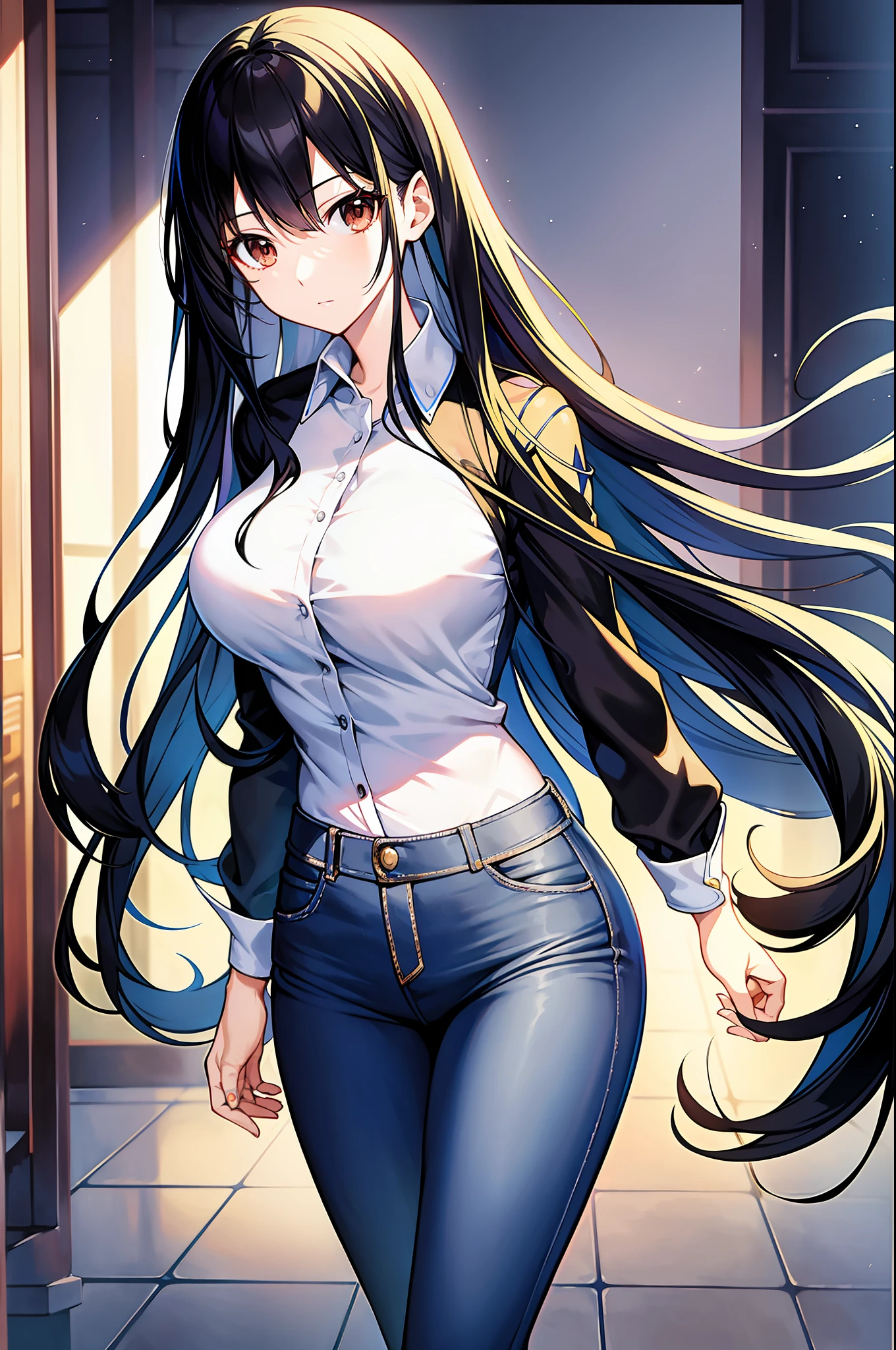 anime woman, long head shape, normal black hair, brown eyes, beautiful perfect face, standing, long wide Blouse, a jeans, Perfect body, normal look, in forst atmosphere, highly detailed, amazing art, masterpiece, cinematic,4k, hdr,high quality art