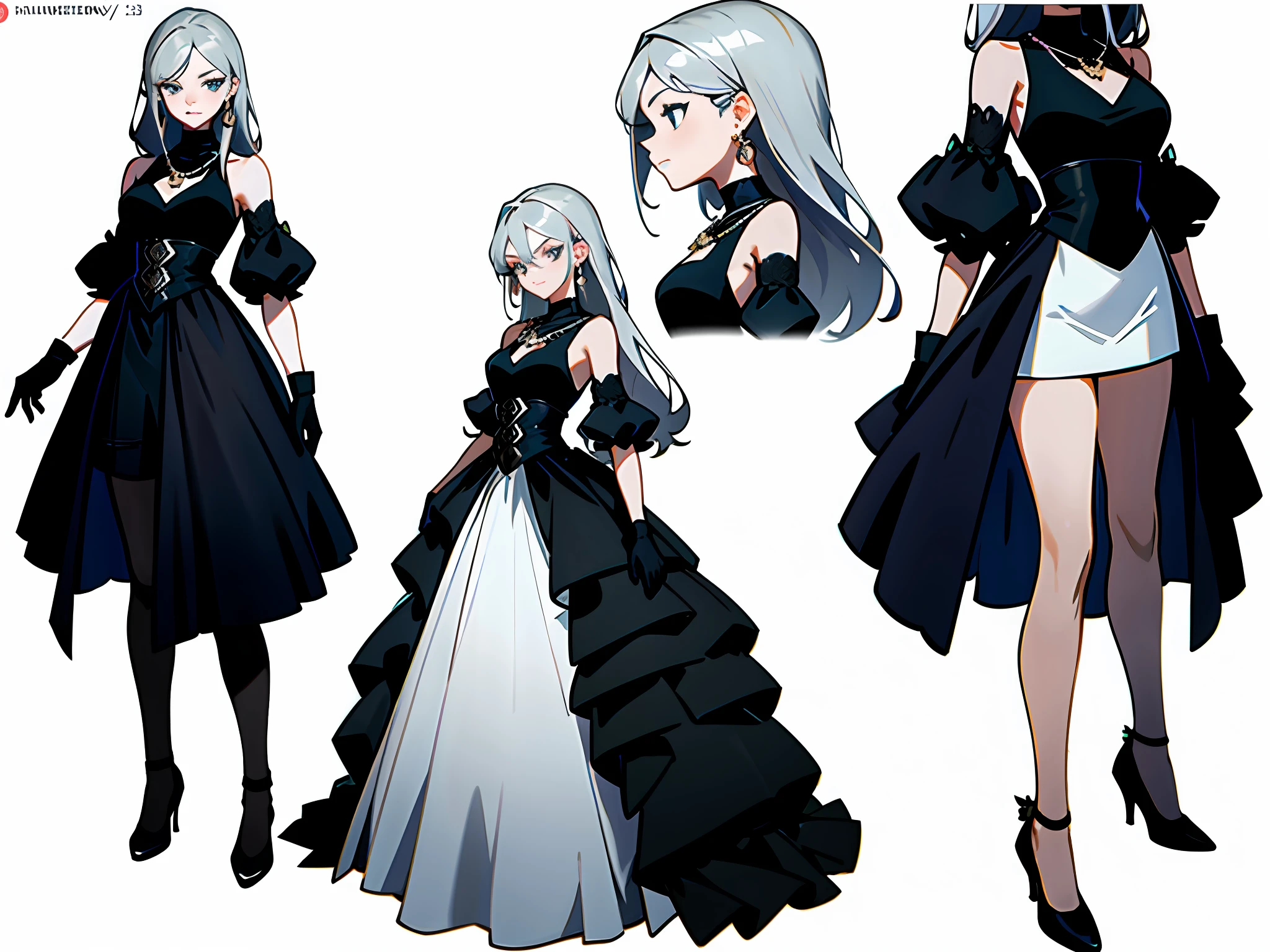 Masterpiece: 1.6, best quality: 1.4, live image: 1.2, intricate details: 1.2, charturnerv2: 1.2, 1lady full body character change,
Appearance: milf: 1.25, thin: 1.3, light blue eyes, medium breasts, detailed eyes, quality eyes,
Clothing: black sleeveless dress, black gloves
Accessories: simple hoop earrings, black necklace, small flowers in the hair,
Hair: silver hair, long hair, semi curly hair,
Makeup: natural, shiny skin,
(single background, white background: 1.3), multiple views, multiple views of the same character in the same outfit: 1.3.