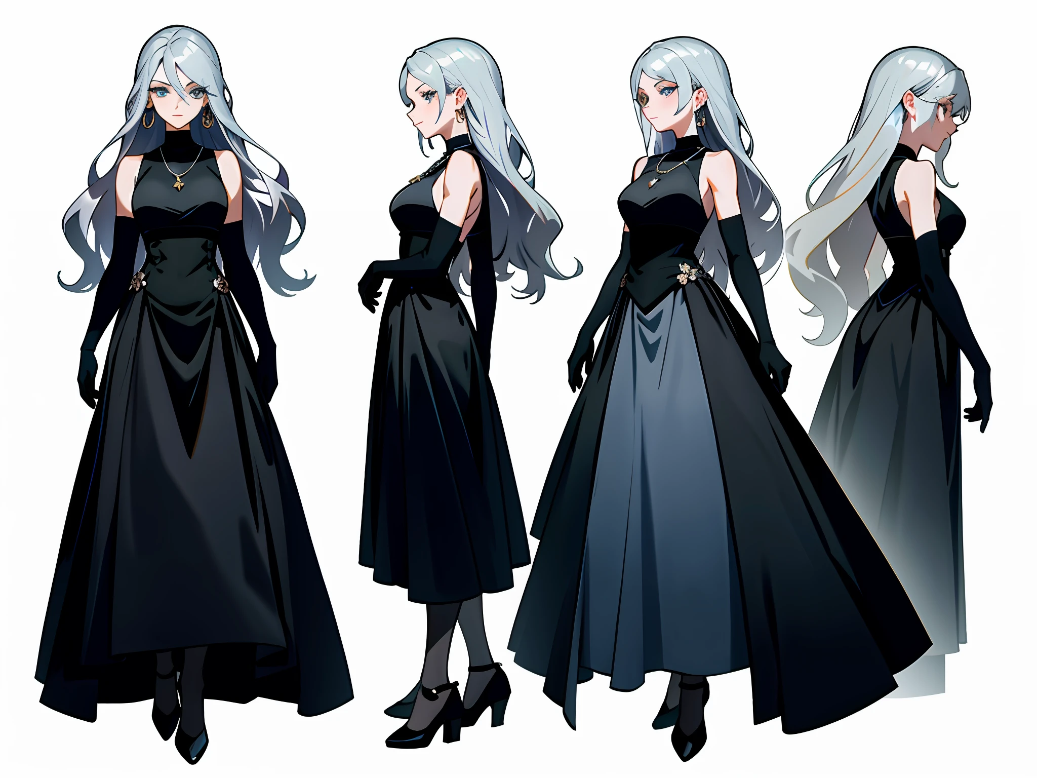 Masterpiece: 1.6, best quality: 1.4, live image: 1.2, intricate details: 1.2, charturnerv2: 1.2, 1lady full body character change,
Appearance: milf: 1.25, thin: 1.3, light blue eyes, medium breasts, detailed eyes, quality eyes,
Clothing: black sleeveless dress, black gloves
Accessories: simple hoop earrings, black necklace, small flowers in the hair,
Hair: silver hair, long hair, semi curly hair,
Makeup: natural, shiny skin,
(single background, white background: 1.3), multiple views, multiple views of the same character in the same outfit: 1.3.
