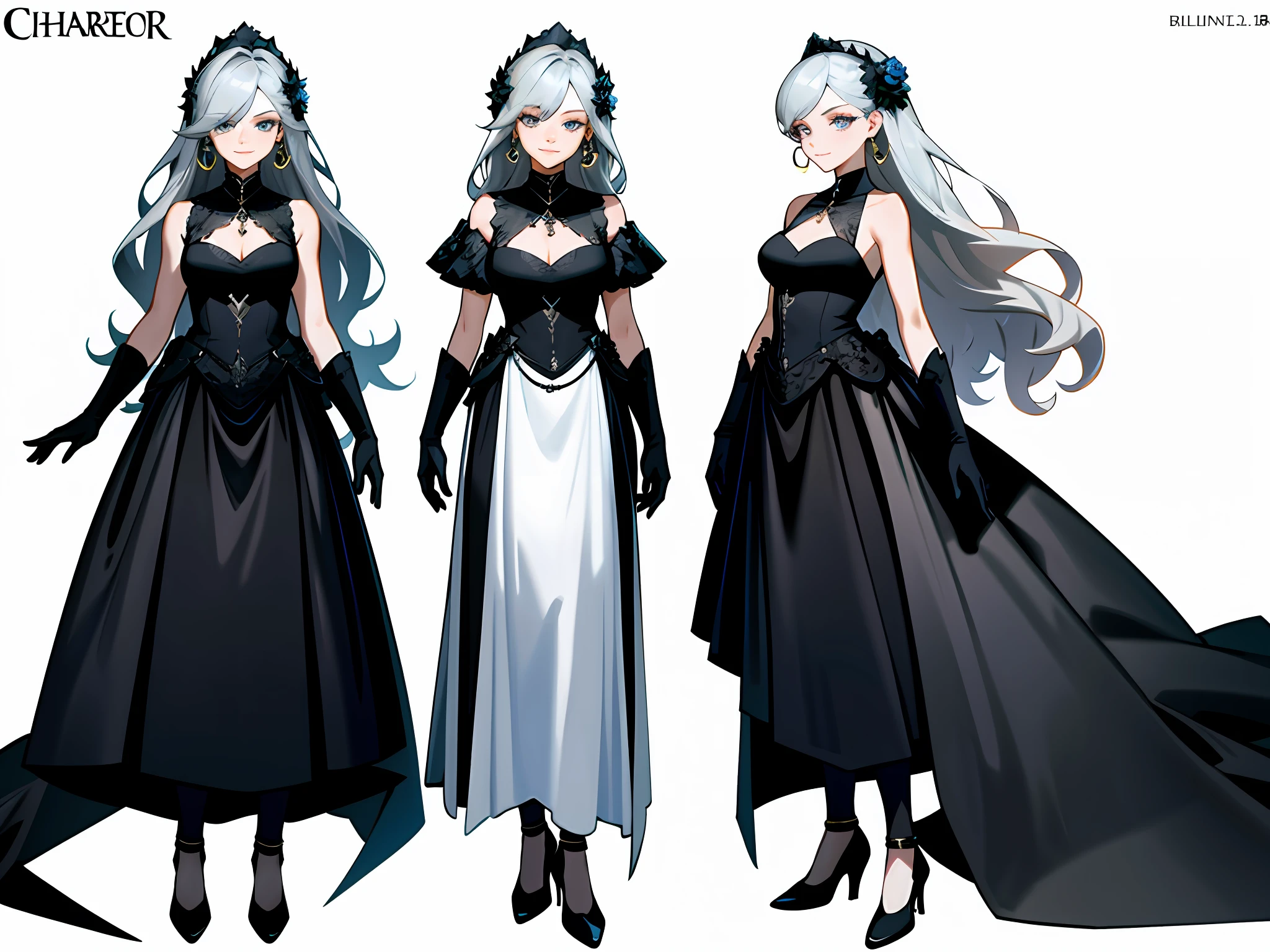 Masterpiece: 1.6, best quality: 1.4, live image: 1.2, intricate details: 1.2, charturnerv2: 1.2, 1lady full body character change,
Appearance: milf: 1.25, thin: 1.3, light blue eyes, medium breasts, detailed eyes, quality eyes,
Clothing: black sleeveless dress, black gloves
Accessories: simple hoop earrings, black necklace, small flowers in the hair,
Hair: silver hair, long hair, semi curly hair,
Makeup: natural, shiny skin,
(single background, white background: 1.3), multiple views, multiple views of the same character in the same outfit: 1.3.