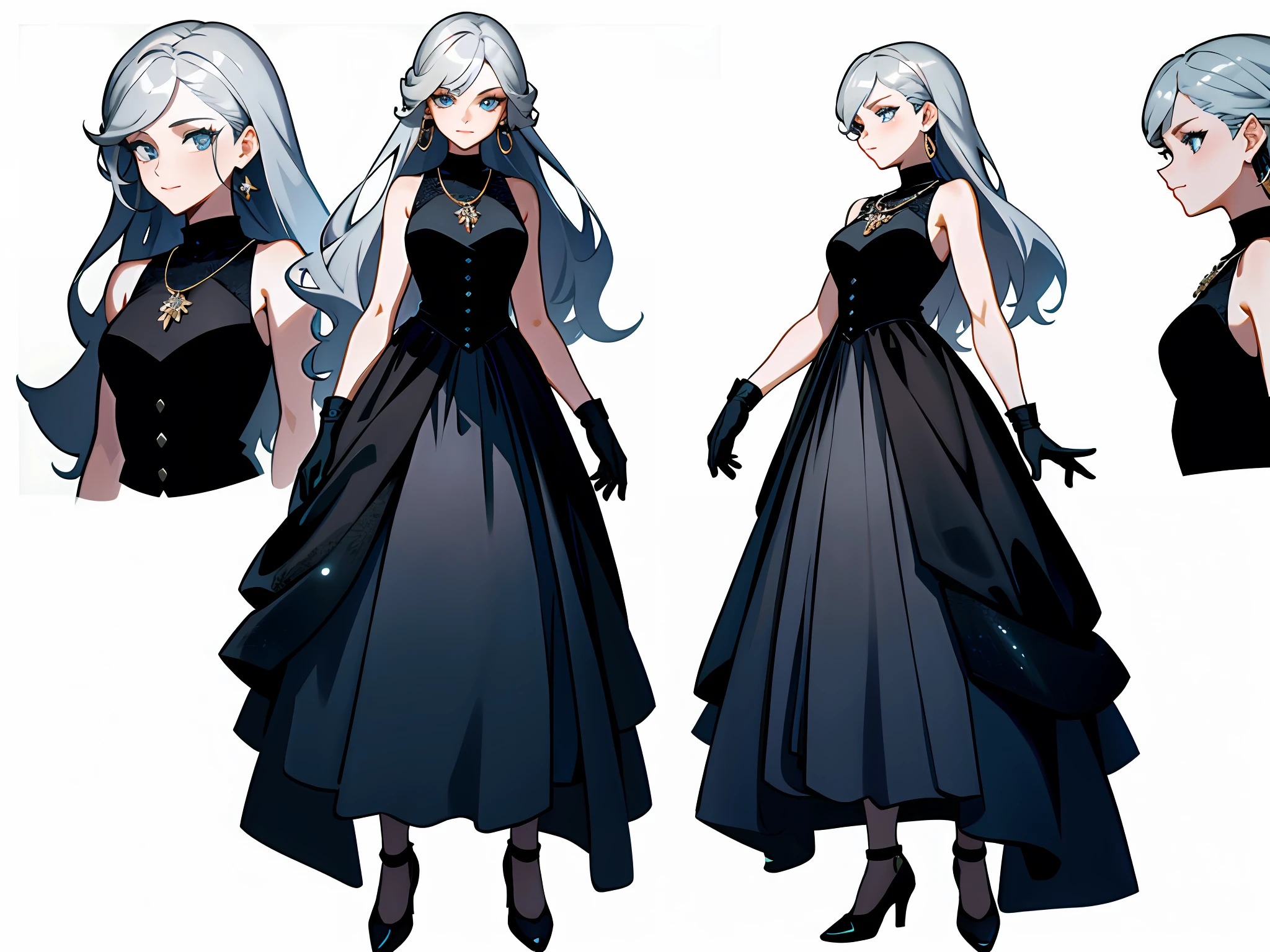 Masterpiece: 1.6, best quality: 1.4, live image: 1.2, intricate details: 1.2, charturnerv2: 1.2, 1lady full body character change,
Appearance: milf: 1.25, thin: 1.3, light blue eyes, medium breasts, detailed eyes, quality eyes,
Clothing: black sleeveless dress, black gloves
Accessories: simple hoop earrings, black necklace, small flowers in the hair,
Hair: silver hair, long hair, semi curly hair,
Makeup: natural, shiny skin,
(single background, white background: 1.3), multiple views, multiple views of the same character in the same outfit: 1.3.