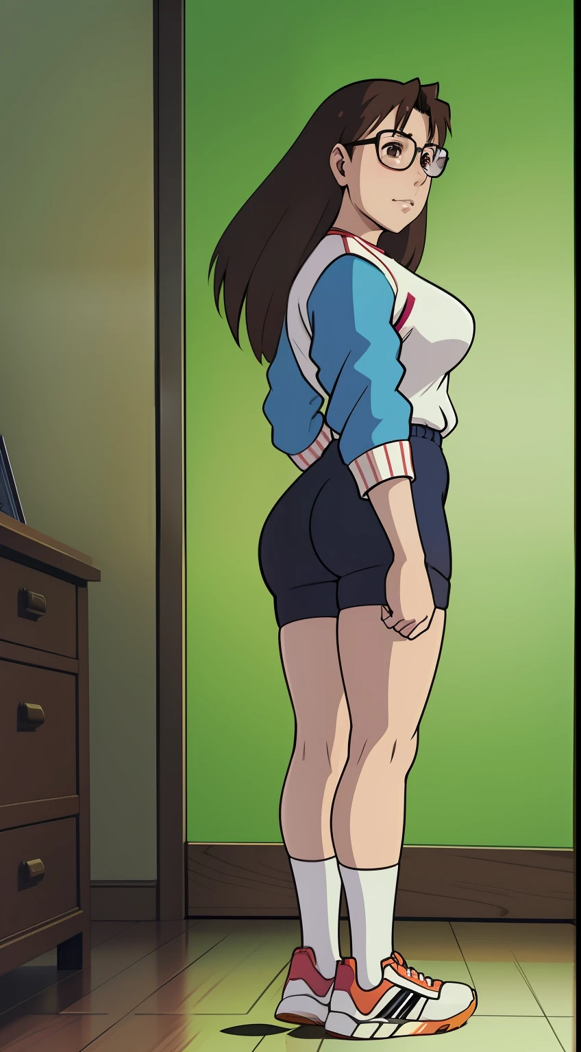 Koyomi Mizuhara, brown hair, long hair, glasses, brown eyes, luscious lips, smug,  Sleeved shirt jersey, large breasts, adidas biker shorts, socks, shoes, Wallpaper, Standing upright, sexual poses, close up, back side view, Angle view,