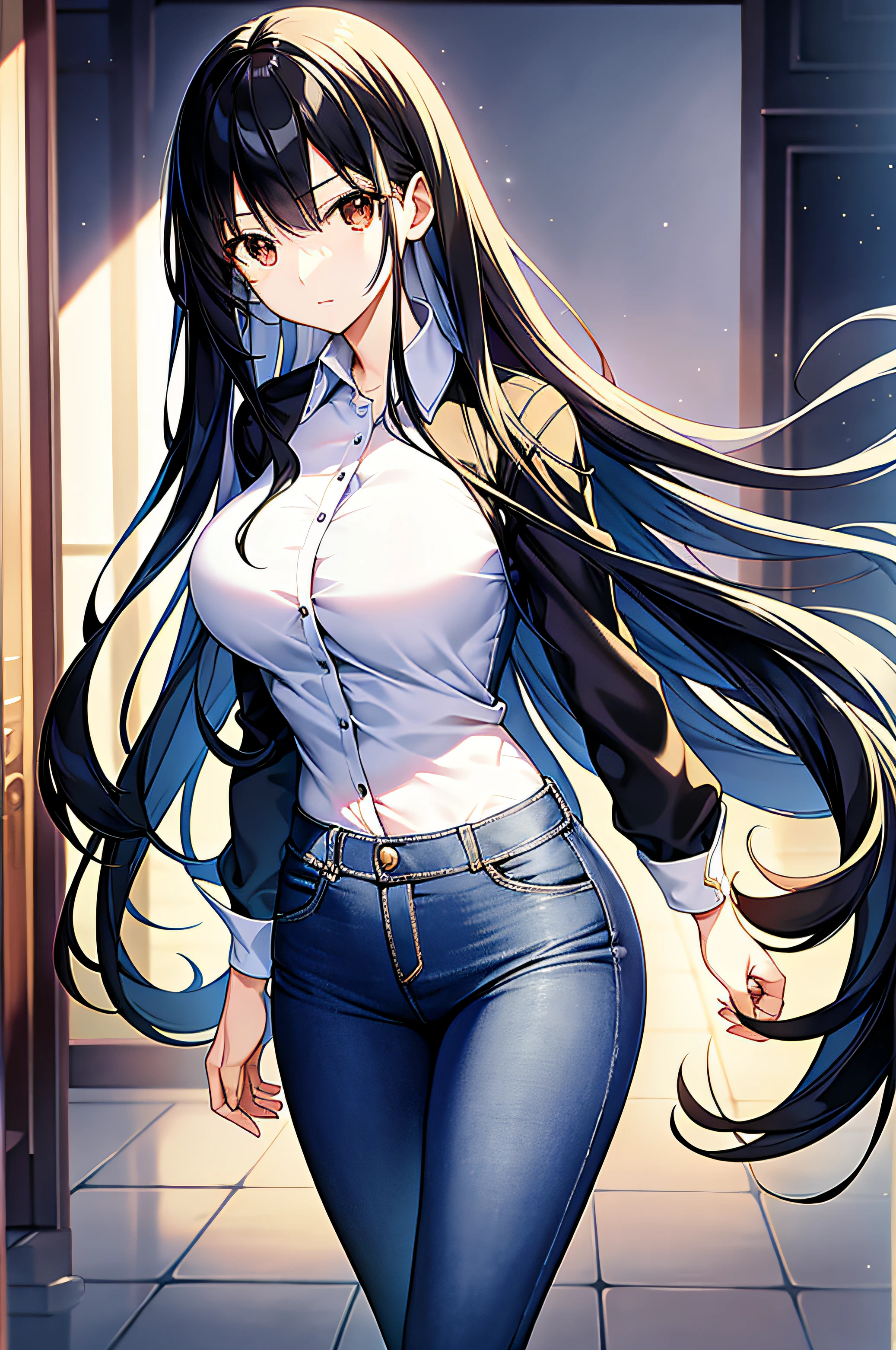 anime woman, long head shape, normal black hair, brown eyes, beautiful perfect face, standing, long wide Blouse, a jeans, Perfect body, normal look, in forst atmosphere, highly detailed, amazing art, masterpiece, cinematic,4k, hdr,high quality art