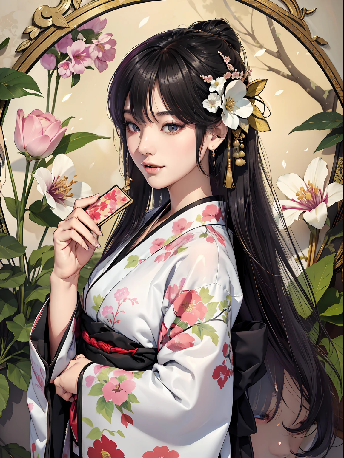 Mature girl、Long Black Hair、A slight smile、Black-haired、Colorful Japan kimono、Nishijin Ori、Delicate and smart eyes、intricate damask hanfu、Luxury accessories、FOV、F1.8、​masterpiece、complex scenes、flower petals flying、Diagonal portrait shot、