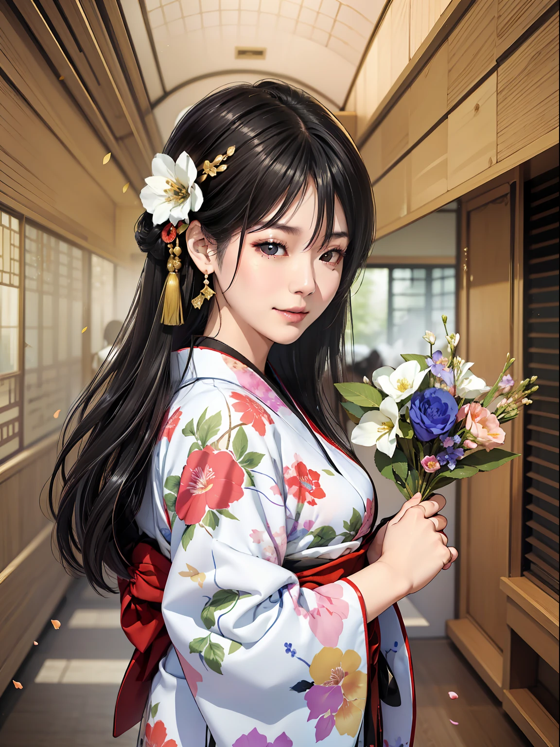 Mature girl、Long Black Hair、A slight smile、Black-haired、Colorful Japan kimono、Nishijin Ori、Delicate and smart eyes、intricate damask hanfu、Luxury accessories、FOV、F1.8、​masterpiece、complex scenes、flower petals flying、Diagonal portrait shot、