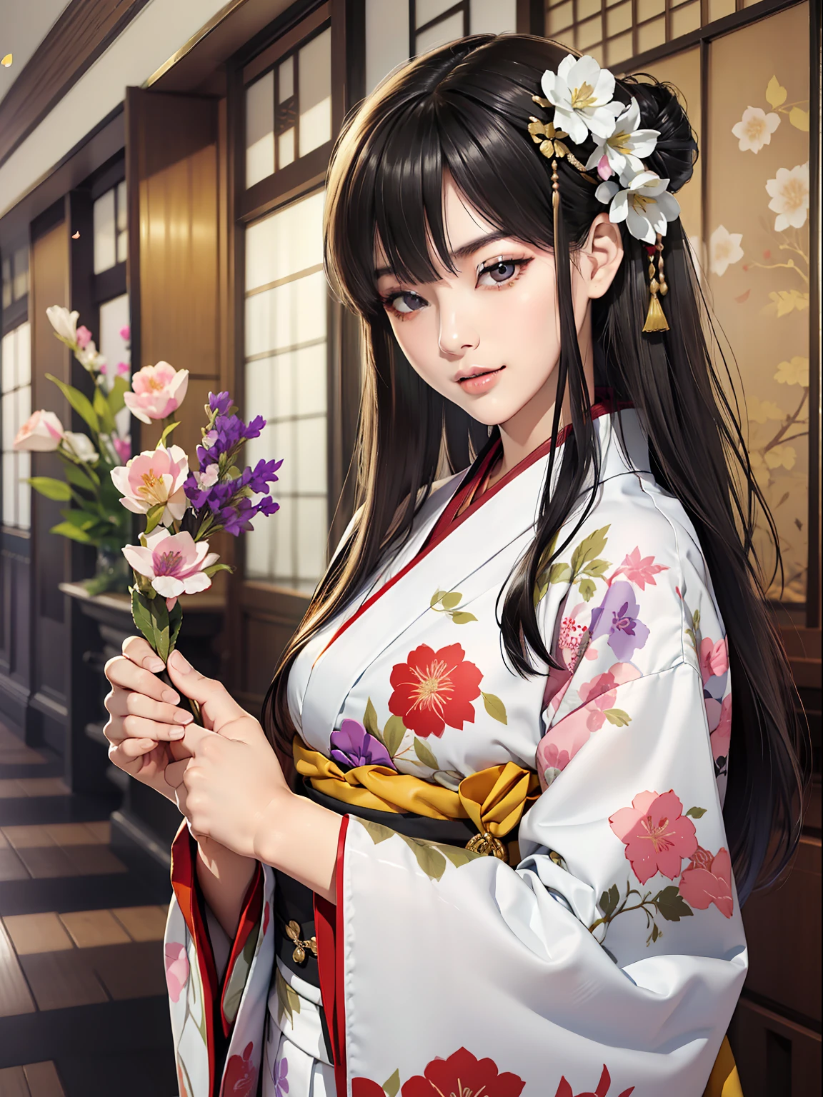 Mature girl、Long Black Hair、A slight smile、Black-haired、Colorful Japan kimono、Nishijin Ori、Delicate and smart eyes、intricate damask hanfu、Luxury accessories、FOV、F1.8、masterpiece、complex scenes、flower petals flying、Diagonal portrait shot、