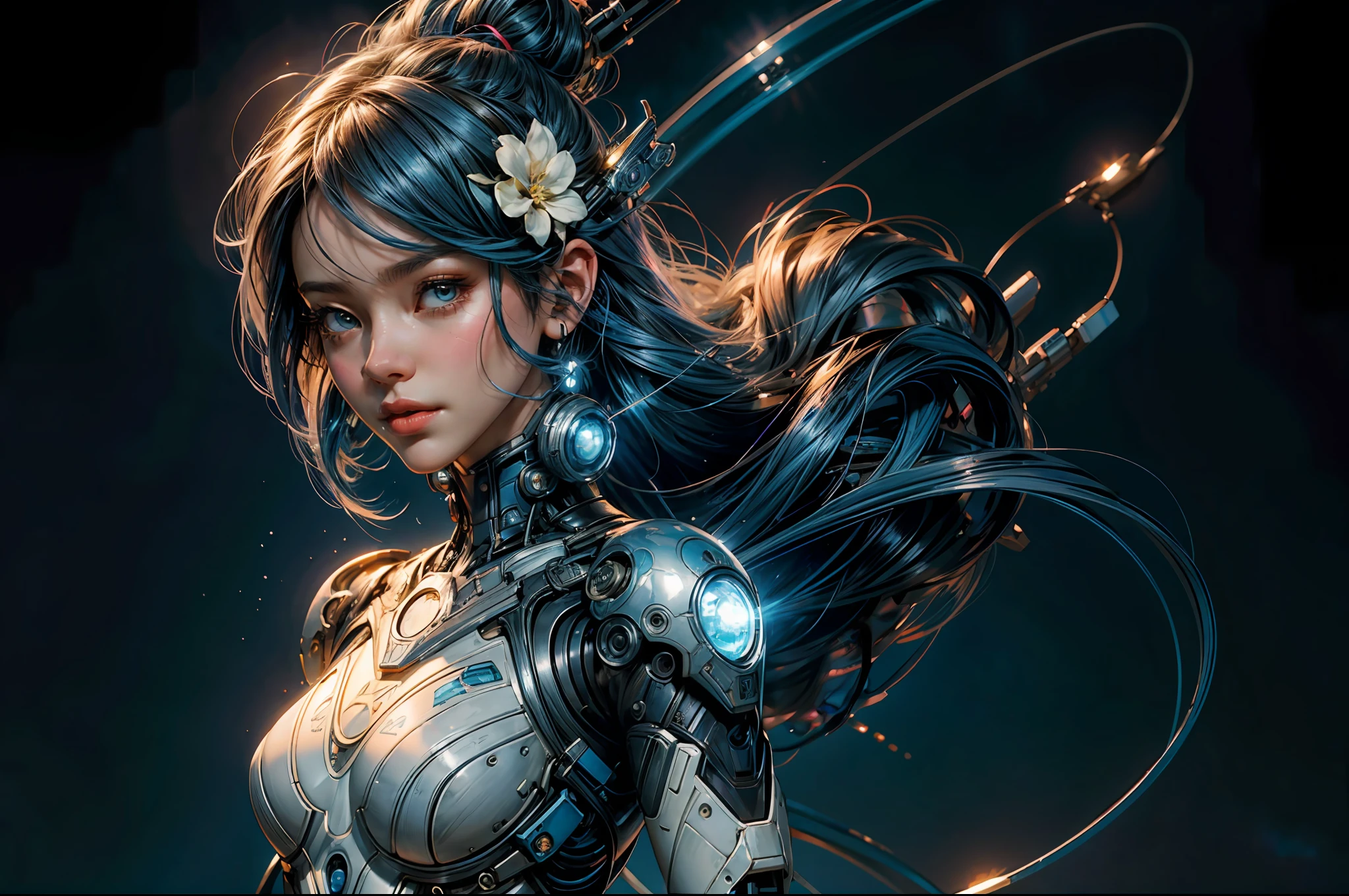 painting of a cyborg woman with a blue hair and a flower in her hair with cyber arms de costas, artgerm and james jean, anna dittmann alberto vargas, in style of anna dittmann, beautiful retro art, a beautiful artwork illustration, inspired by James Jean, james jean and wlop, james jean soft light 4 k, james jean soft light 4k, beautiful digital artwork