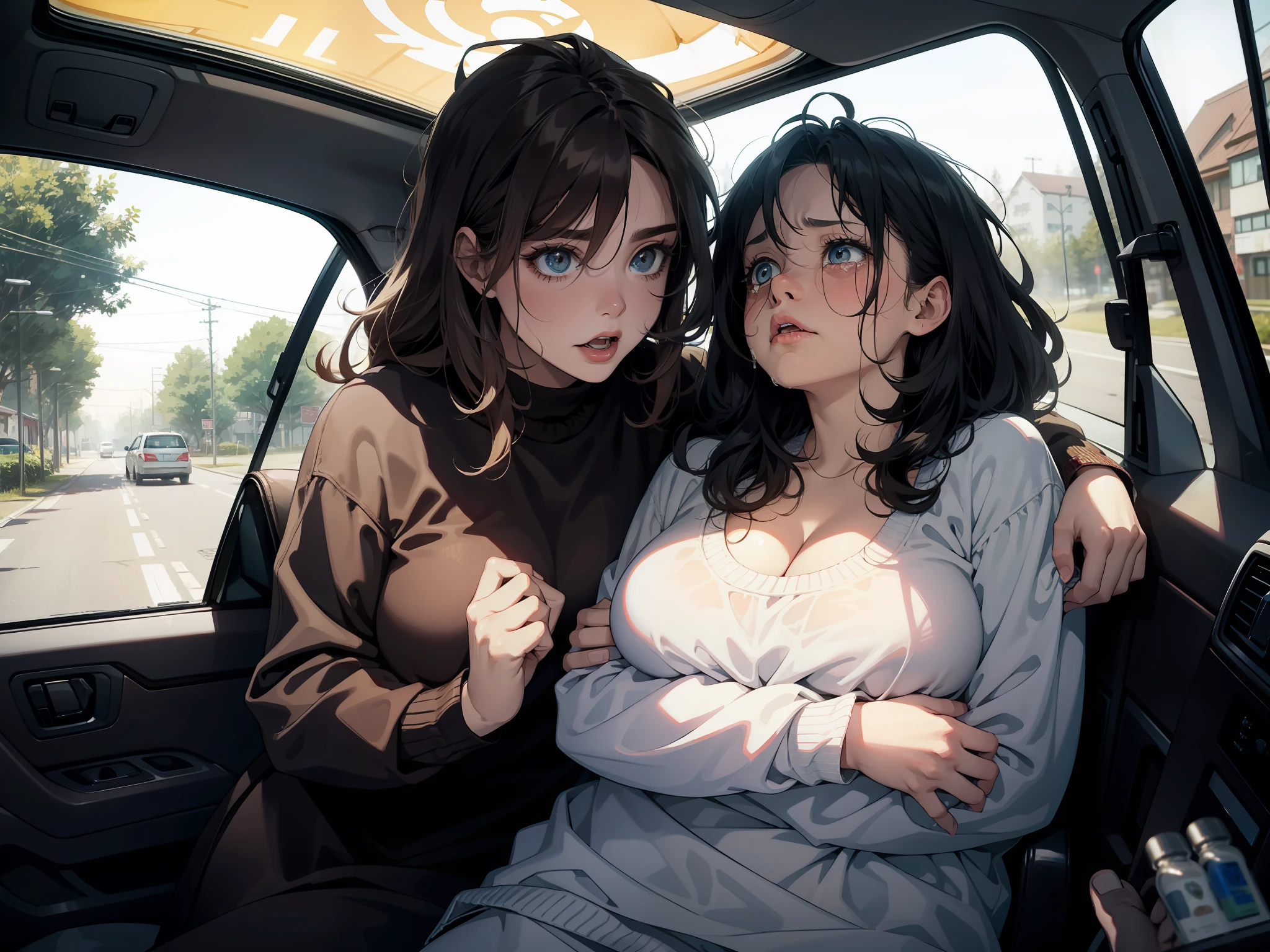 tmasterpiece, Best quality at best,On the road,1 Obese middle-aged woman crying,1 female zombie next to it,