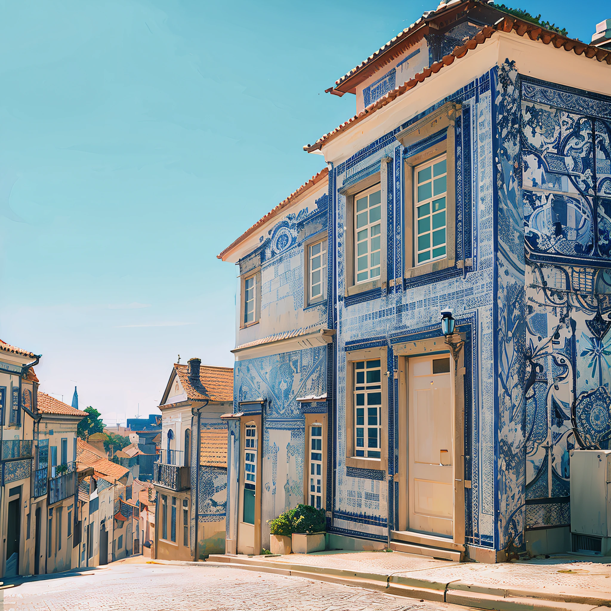 (masterpiece), best quality. blue and white buildings with a clock on the front, tile, ornate tile architecture, colorful tile architecture, portugal, Lisbon, nazare (portugal), exquisitely ornamented, by João Artur da Silva, beautifully painted, Direction: Matija Jama, intricately detailed buildings, Tiles, Director: Lucas Vorsterman. natural lighting, global illumination, cinematic. intricate features, insanely detailed, ultra-realistic, vray tracing, octane rendering, dslr, uhd, 8k