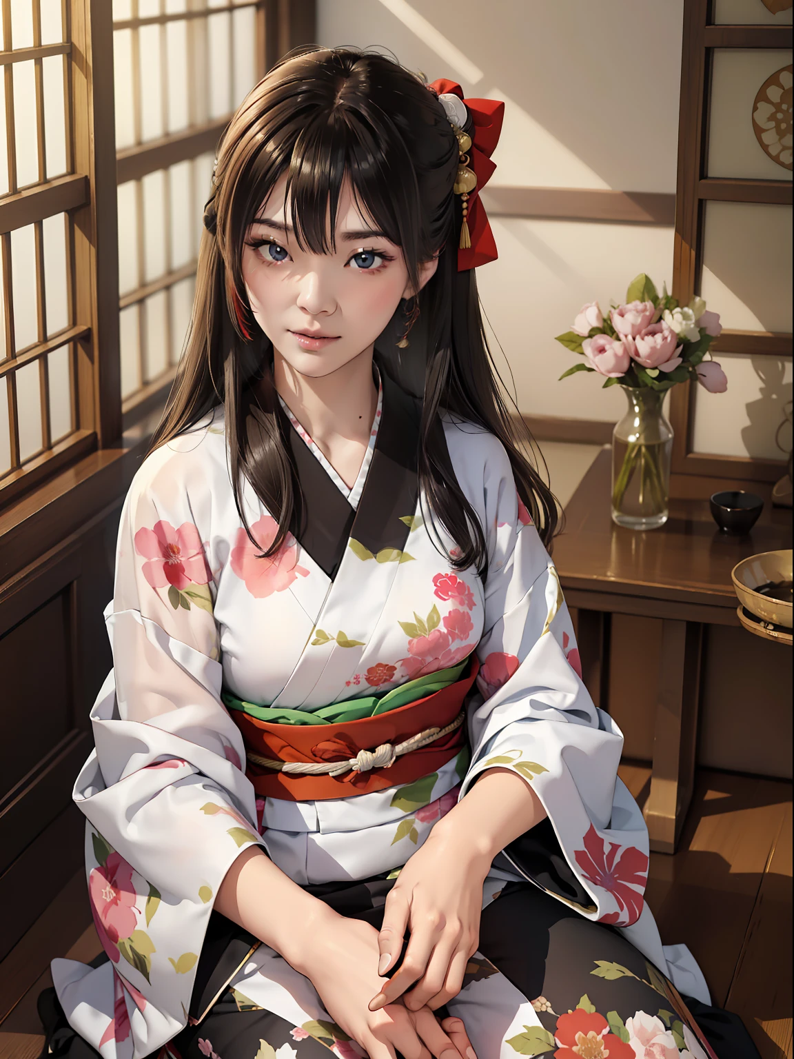 Master Pieces,hyper quality, Hyper Detailed,Perfect drawing,独奏、Beauty in the world、Komono、Japanese dress、Black-haired、Japanese hair、Colorful Japan kimono、Nishijin Ori、Delicate and smart eyes、Half-open lips、sidelong glance、Graceful、Gorgeous、Beautiful、red blush(0.2)、Dazzling、Stunning、Gorgeous、Gentle、Shunguang、natural soft light、Flowers and Birds Fugetsu、traditional Japanese room、Accurate drawing、Detailed drawing