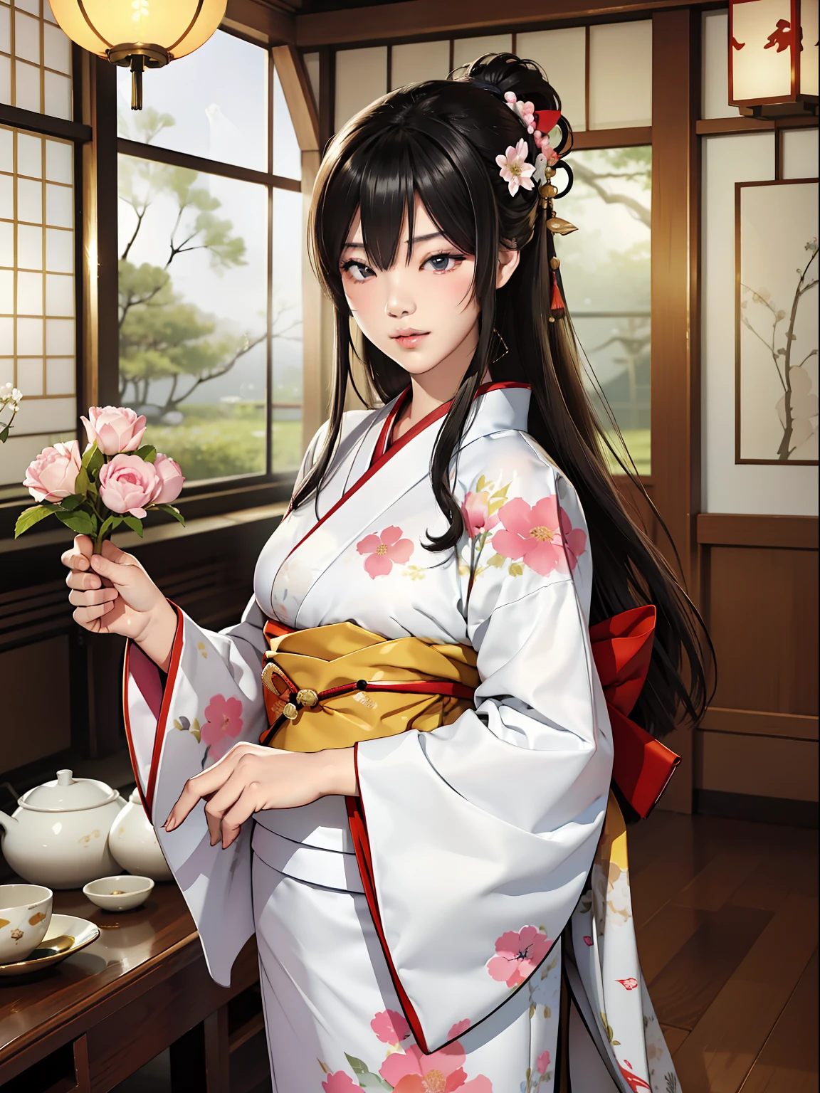 Master Pieces,hyper quality, Hyper Detailed,Perfect drawing,独奏、Beauty in the world、Komono、Japanese dress、Black-haired、Japanese hair、Colorful Japan kimono、Nishijin Ori、Delicate and smart eyes、Half-open lips、sidelong glance、Graceful、Gorgeous、Beautiful、red blush(0.2)、Dazzling、Stunning、Gorgeous、Gentle、Shunguang、natural soft light、Flowers and Birds Fugetsu、traditional Japanese room、Accurate drawing、Detailed drawing