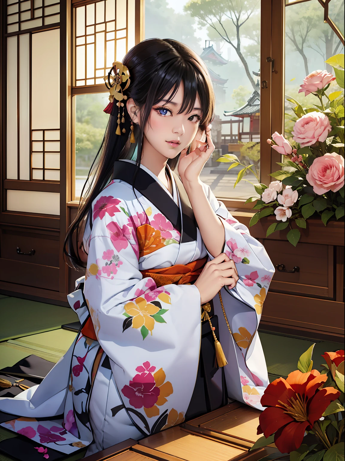 Master Pieces,hyper quality, Hyper Detailed,Perfect drawing,独奏、Beauty in the world、Komono、Japanese dress、Black-haired、Japanese hair、Colorful Japan kimono、Nishijin Ori、Delicate and smart eyes、Half-open lips、sidelong glance、Graceful、Gorgeous、Beautiful、red blush(0.2)、Dazzling、Stunning、Gorgeous、Gentle、Shunguang、natural soft light、Flowers and Birds Fugetsu、traditional Japanese room、Accurate drawing、Detailed drawing