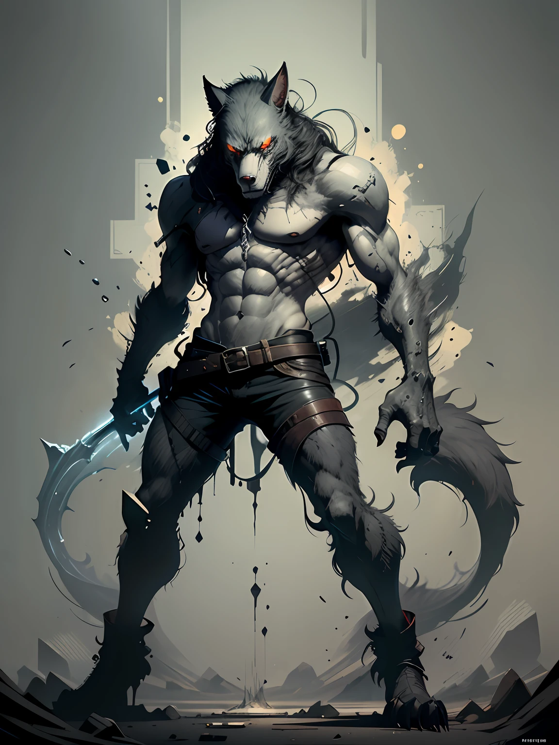 Rês and black, a full body berserk werewolf, solo, in the style of Mork Borg, strong contrast, grunge dirty punk splash art, black metal zine