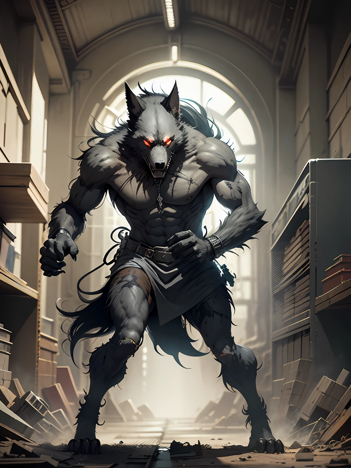 Rês and black, a full body berserk werewolf, solo, in the style of Mork Borg, strong contrast, grunge dirty punk splash art, black metal zine