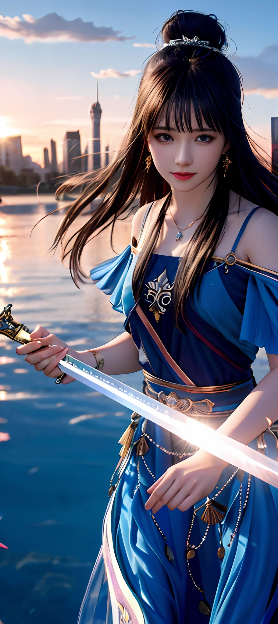realisticity: 1.2), best quality, masterpiece, highres, cg, 1girl, weapon, sword, long hair, dress, water, solo, jewelry, blue dress, earrings, hair ornament, splashing, upper body super realistis, hair bun, blue and pink hair, city backgraun realistis, lighting,candid, Photograph, high resolution, 4k, 8k, Bokeh,