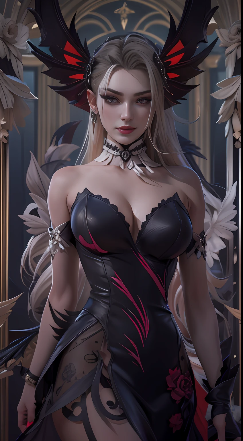 "Isabella Bloodthorne - With a seductive allure and a captivating gaze, Isabella Bloodthorne lures her prey into her deadly embrace, reveling in the taste of their life essence, in 4D rendering style (3DMM_V12) with the mdjrny-v4 style, depicting a mystifying and dark atmosphere with a touch of chaos."