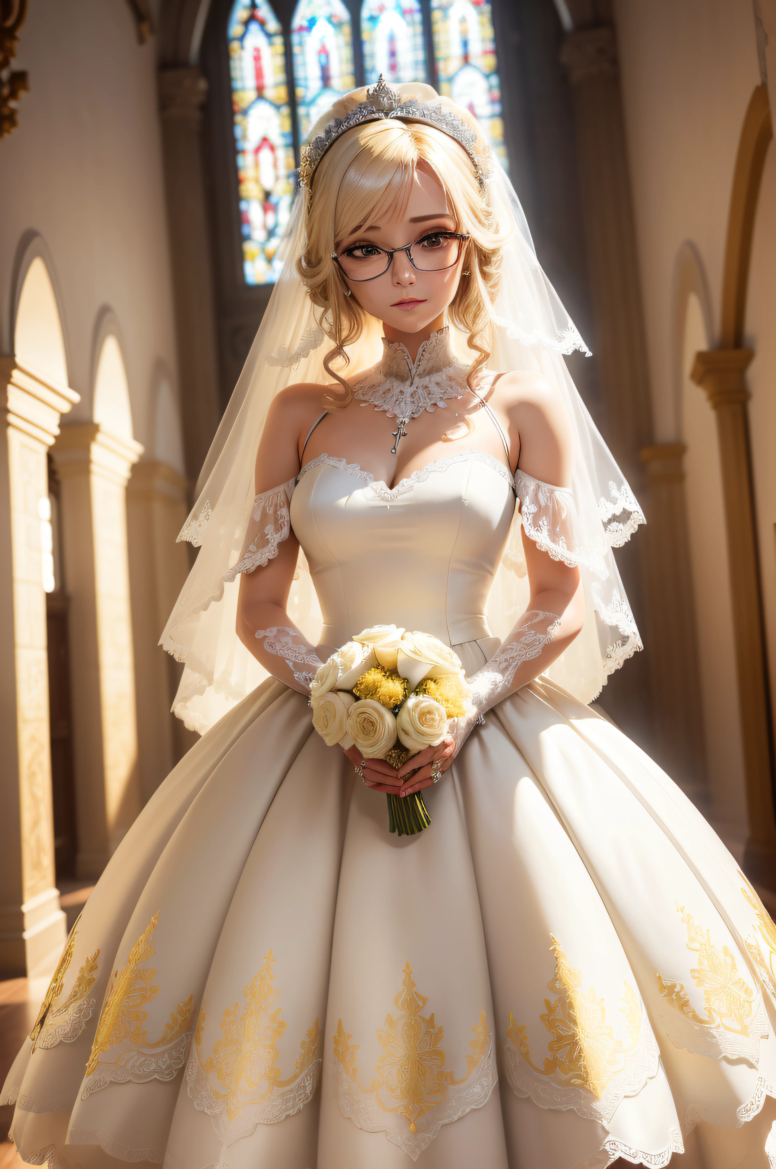 (Original,(illustation:1.2 ),(melhor qualidade), (obra-prima:1.2), Bride white dress with details in beautiful yellow happy glasses, cabelo comprido, em uma pequena igreja, sombrio