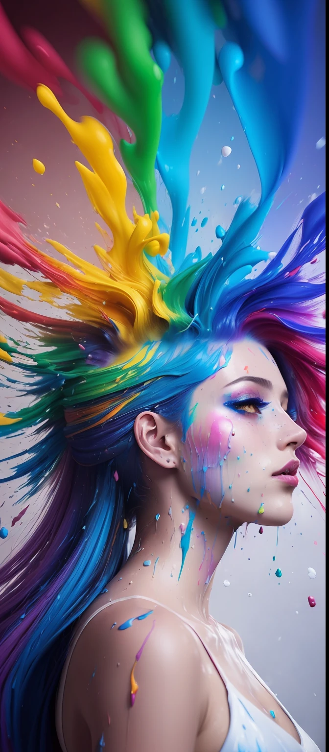 (level difference:1.8),(Paint colliding and splashing on the canvas),(depth of field),1girl's side face blends into it,(side face),open mouth,(liquid paint rainbow hair:1.1) made of paint and defies gravity,thick flowing,(paint splatter:1.3),Liquid state,stunningly beautiful, masterpiece, detailed background,ultra high quality model, ethereal background,abstract beauty, explosive volumetric, oil painting,heavy strokes,Romantic lighting,Sub-Surface Scatterring,lens 135mm,f1.8,glow,8k,high resolution, dreamy,ray tracing,hdr,god rays,