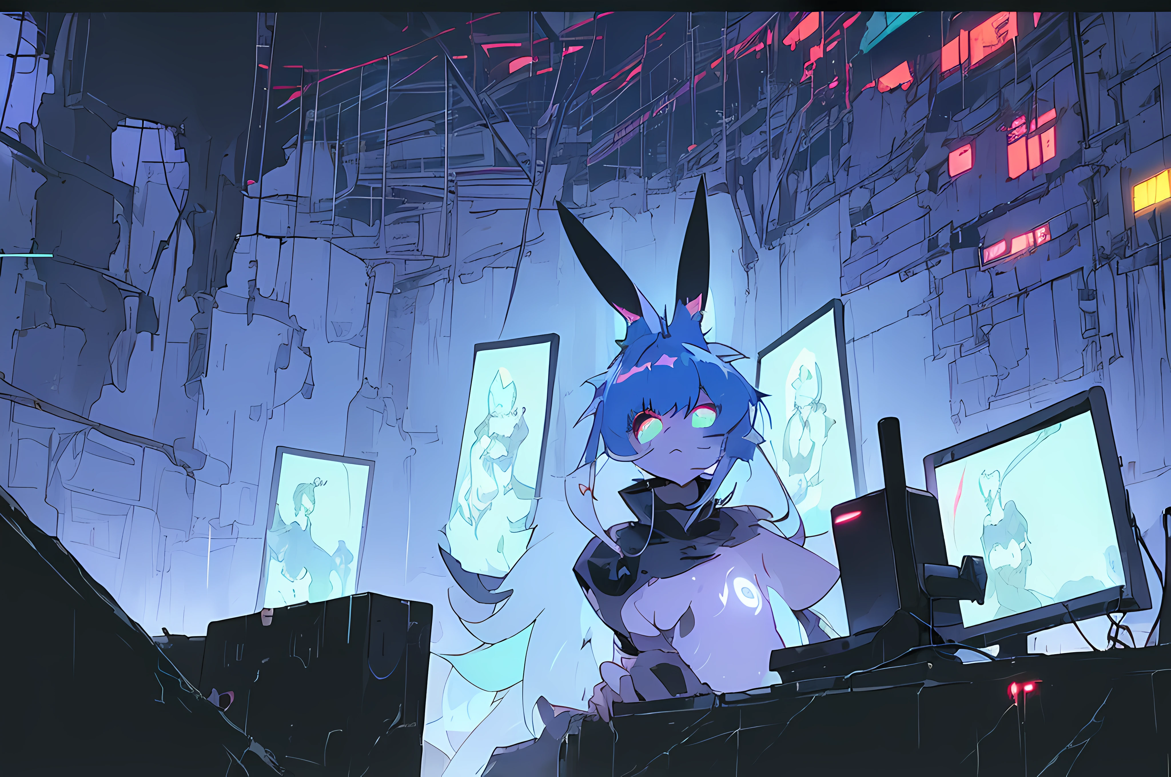 (((cyberpunk bleak bleak bleak dark black black black bleak gray))), vampire hunter d, (vintage vhs), (crt screenshot), (((dark scene))), (((dark cloudy scene))), (((angel's egg anime))), (((serial experiments lain anime))), (((underground basement scene))), (((unlit nighttime scene))), (((dark abandoned cyberpunk glowing screens lab house))), (((solemn blue anthro kemono furry rabbit with tall bunny ears exploring old computer screens))), (((underground cavern filled with glowing computer screens))), anime rabbit character with futuristic hair and glowing eyes and tall bunny ears exploring old ruins, anime art, anime aesthetic, (((old ruins in background cel art))), kemono anime rabbit girl, wearing cybernetic bunny ears, angry female fighter --v6