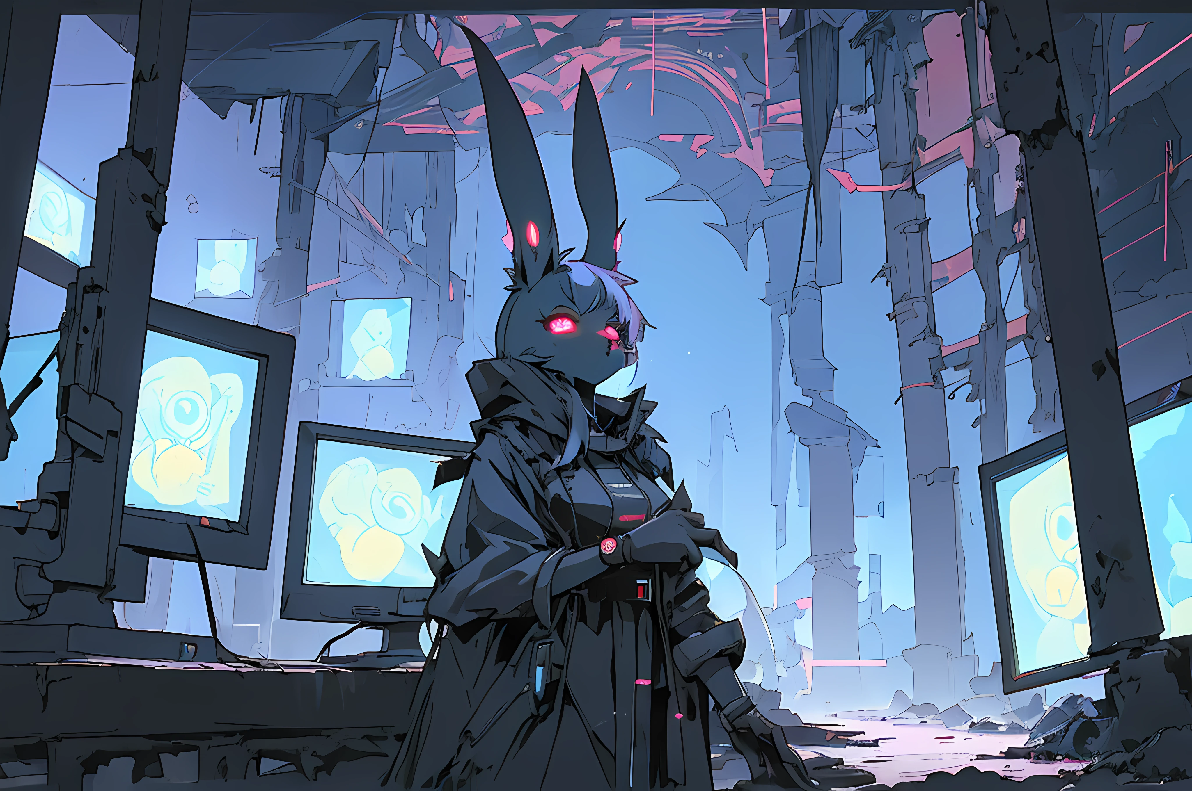 (((cyberpunk bleak bleak bleak dark black black black bleak gray))), vampire hunter d, (vintage vhs), (crt screenshot), (((dark scene))), (((dark cloudy scene))), (((angel's egg anime))), (((serial experiments lain anime))), (((underground basement scene))), (((unlit nighttime scene))), (((dark abandoned cyberpunk glowing screens lab house))), (((solemn blue anthro kemono furry rabbit with tall bunny ears exploring old computer screens))), (((underground cavern filled with glowing computer screens))), anime rabbit character with futuristic hair and glowing eyes and tall bunny ears exploring old ruins, anime art, anime aesthetic, (((old ruins in background cel art))), kemono anime rabbit girl, wearing cybernetic bunny ears, angry female fighter --v6