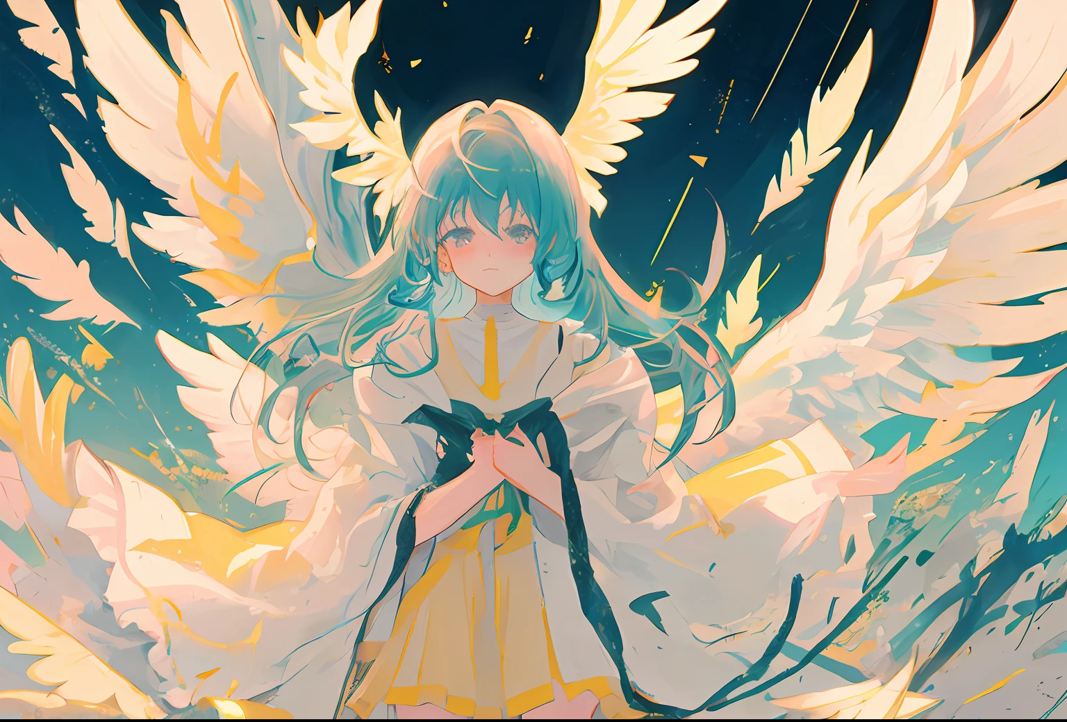 Angel loli with black wings surrounded by a holy energy