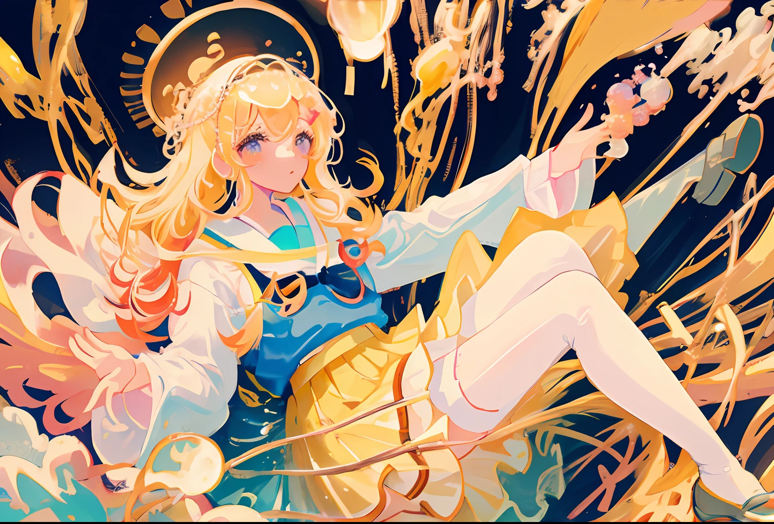 "Close-up shot of a schoolgirl with beautiful blonde hair surrounded by colorful bubbles. The lighting is exquisite and reminiscent of Japanese aesthetics. She is wearing a schoolgirl outfit with white tights. The image is of the highest quality, perfect for an 8k wallpaper."