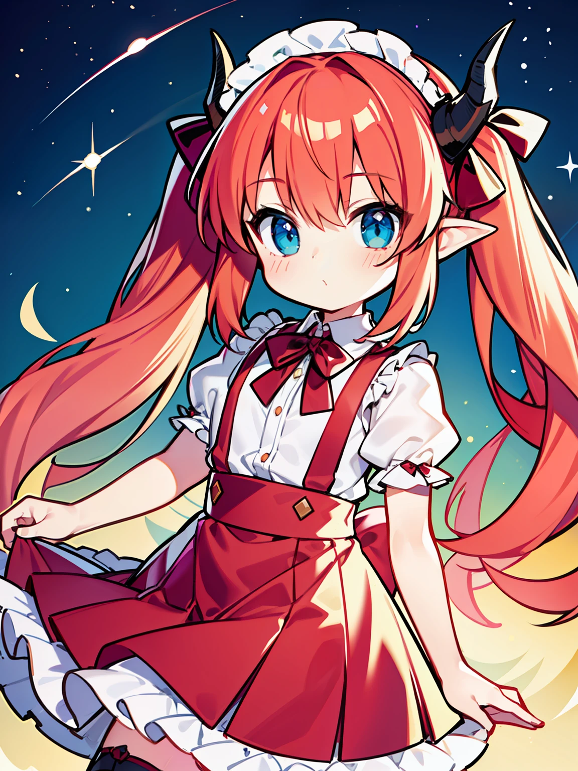 {{best quality}}, {{masterpiece}}, {{ultra-detailed}}, {illustration}, {detailed light}, red hair,blue eyes,twintails,lolita,Suspenders skirt,Fantastic,loli,solo,Dragon horns, girl,long hair