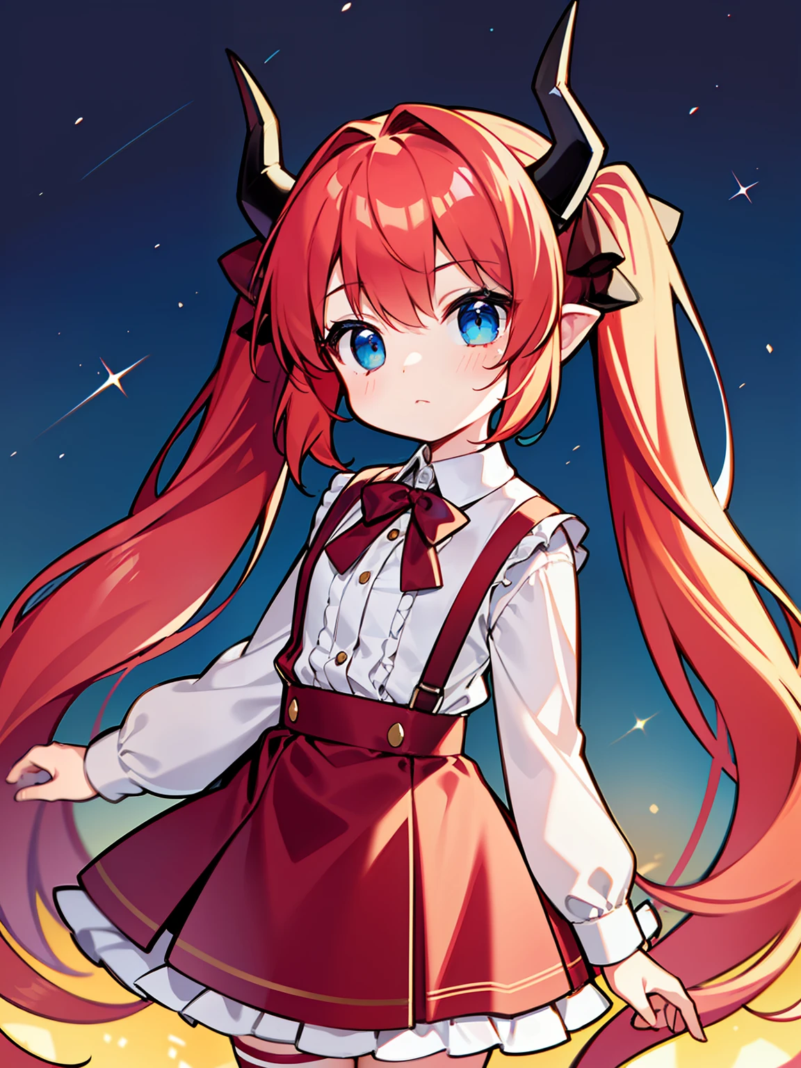 {{best quality}}, {{masterpiece}}, {{ultra-detailed}}, {illustration}, {detailed light}, red hair,blue eyes,twintails,lolita,Suspenders skirt,Fantastic,loli,solo,Dragon horns,little girl,long hair