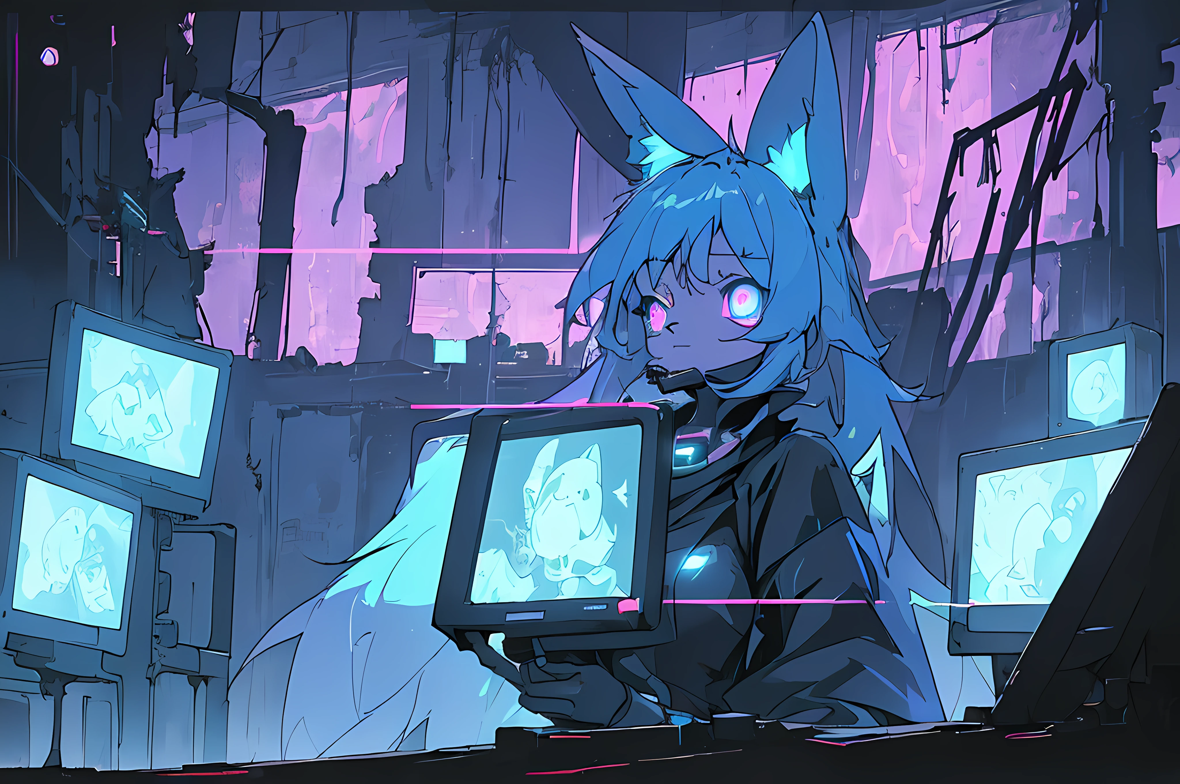 (((cyberpunk bleak bleak bleak dark black black black bleak gray))), vampire hunter d, (vintage vhs), (crt screenshot), (((dark scene))), (((dark cloudy scene))), (((angel's egg anime))), (((serial experiments lain anime))), (((underground basement scene))), (((unlit nighttime scene))), (((dark abandoned cyberpunk glowing screens lab house))), (((solemn blue anthro kemono furry rabbit with tall bunny ears exploring old computer screens))), (((underground cavern filled with glowing computer screens))), anime rabbit character with futuristic hair and glowing eyes and tall bunny ears exploring old ruins, anime art, anime aesthetic, (((old ruins in background cel art))), kemono anime rabbit girl, wearing cybernetic bunny ears, angry female fighter --v6