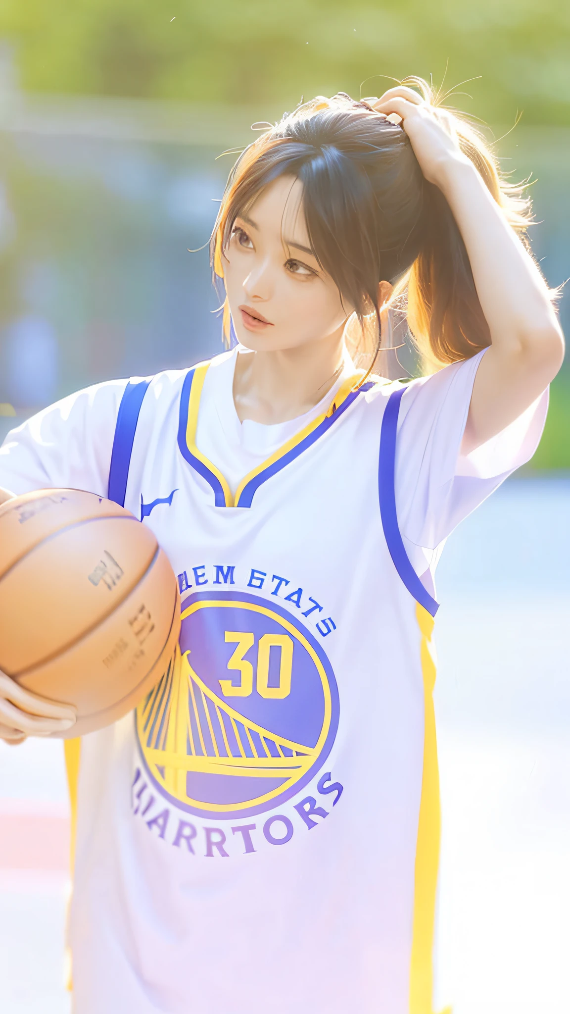 Alafeld Asian woman holding a basketball on basketball court, wearing NBA jersey, wearing basketball jersey, wearing a volleyball jersey, sun yunjoo, Sporty, bae suzy, Inspired by Zou Yigui, Playing basketball, High-quality fanart, sakimichan, lalisa manobal, warriors fan art, 🚿🗝📝, basketball