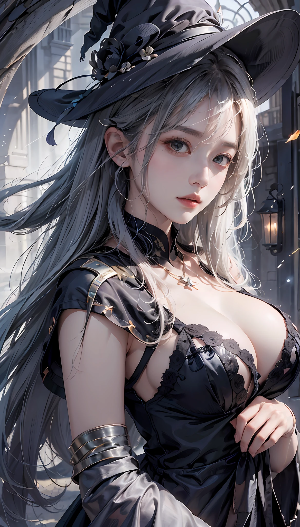 (1girll:1.3)、独奏、offcial art、统一 8k 壁纸、ultra - detailed、Beauty and aesthetics、big breasts beautiful、tmasterpiece、best qualtiy、Fantastical Atmosphere、calm color palette、Tranquil Mood、soft shade、Witch priestess、Charisma spells、vignettes、Witch duties、Only the head is exposed，Half chest，ellegance，