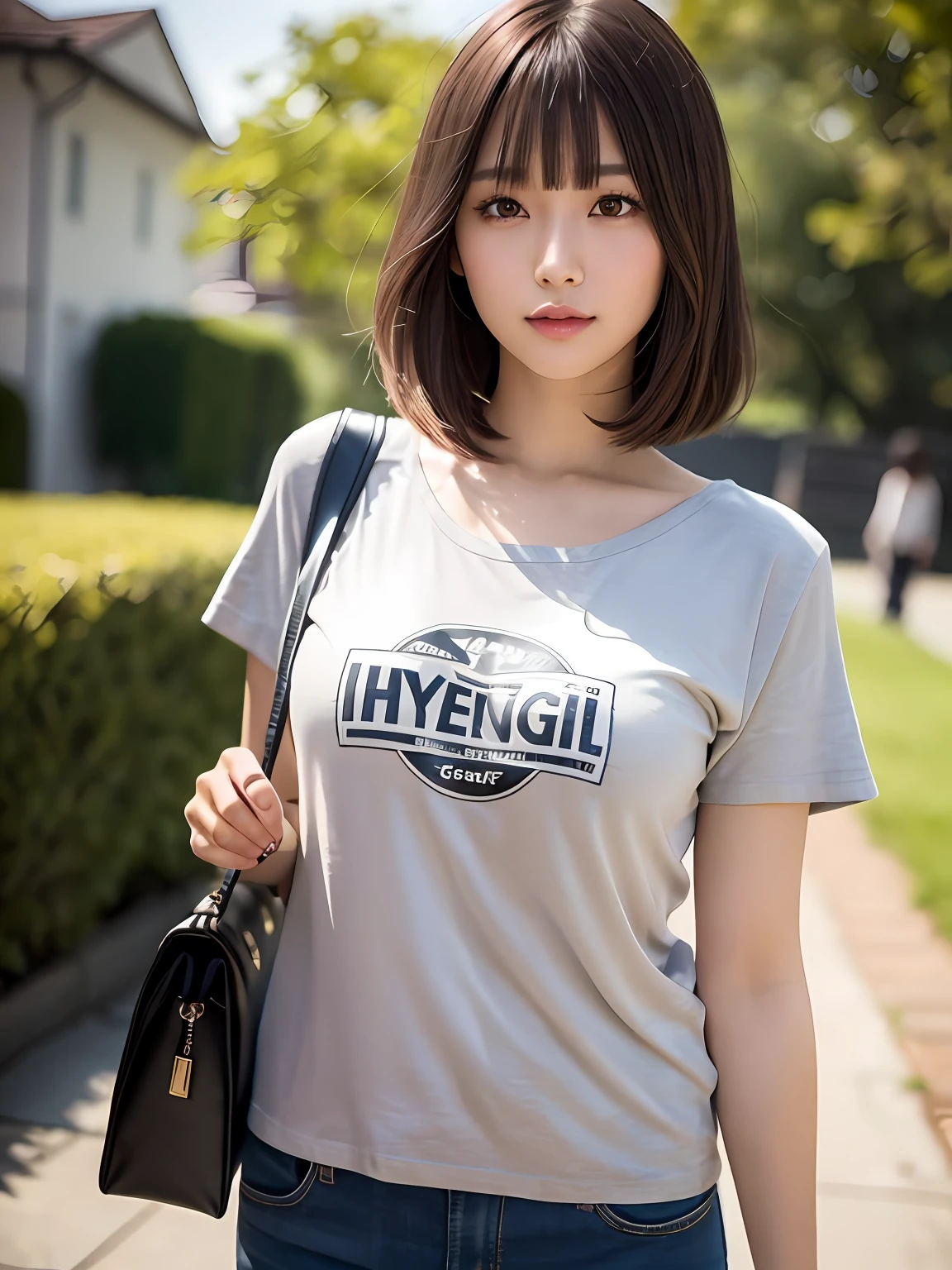 product quality, 1 girl per 1 photo, cowboy shot, front view, a Japanese young pretty girl, long bob hair, wearing a marriage ring, standing in a suburban park with big smiling, a large cathedral in the background, a shoulder bag, wearing a short sleeves black T-shirt with a graphic printed, wearing light brown medium length pants, hyper cute face, glossy lips, double eyelids for both eyes, natural makeup, shiny smooth light brown hair of long bob hair, asymmetrical bangs, tanned skin, central image, 8K resolution, high detail, detailed hairstyle, detailed face, cinematic lighting, octane rendering, hyper realistic, perfect limbs, perfect anatomy