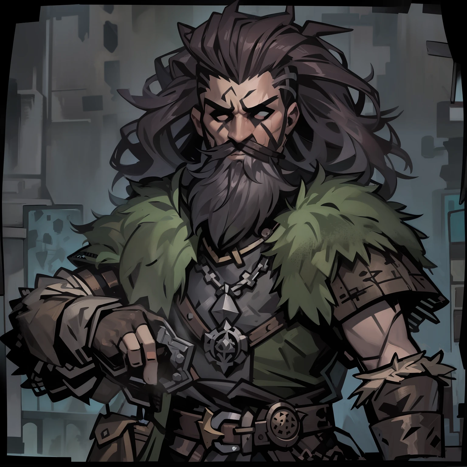 Darkest dungeon style, Man with big hair, without a hand, viking