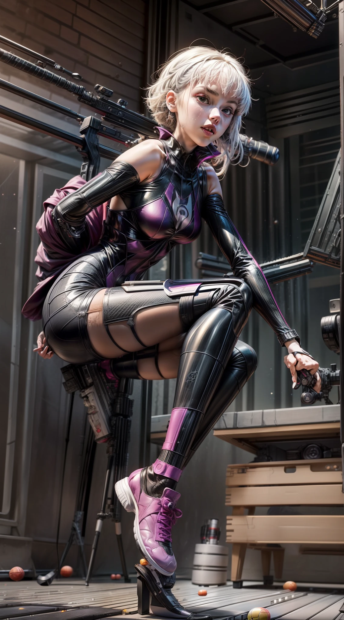Repair deformed feet,(Full body shooting:2), (Full Focus:1.3), Must show your face, plethora of colors, anatomy correct, The character wears a spider Gwen suit, Strangling effect, High-heeled leather shoes, anklet, leg loops, collars, Heavy makeup, A shallow laugh, Latex socks must be worn, hyper HD, Ray traching, structurally correct, Award-Awarded, high detal, lightand shade contrast, cinmatic lighting, tmasterpiece, super detailing, high high quality, high detal, best qualityer, 16k.