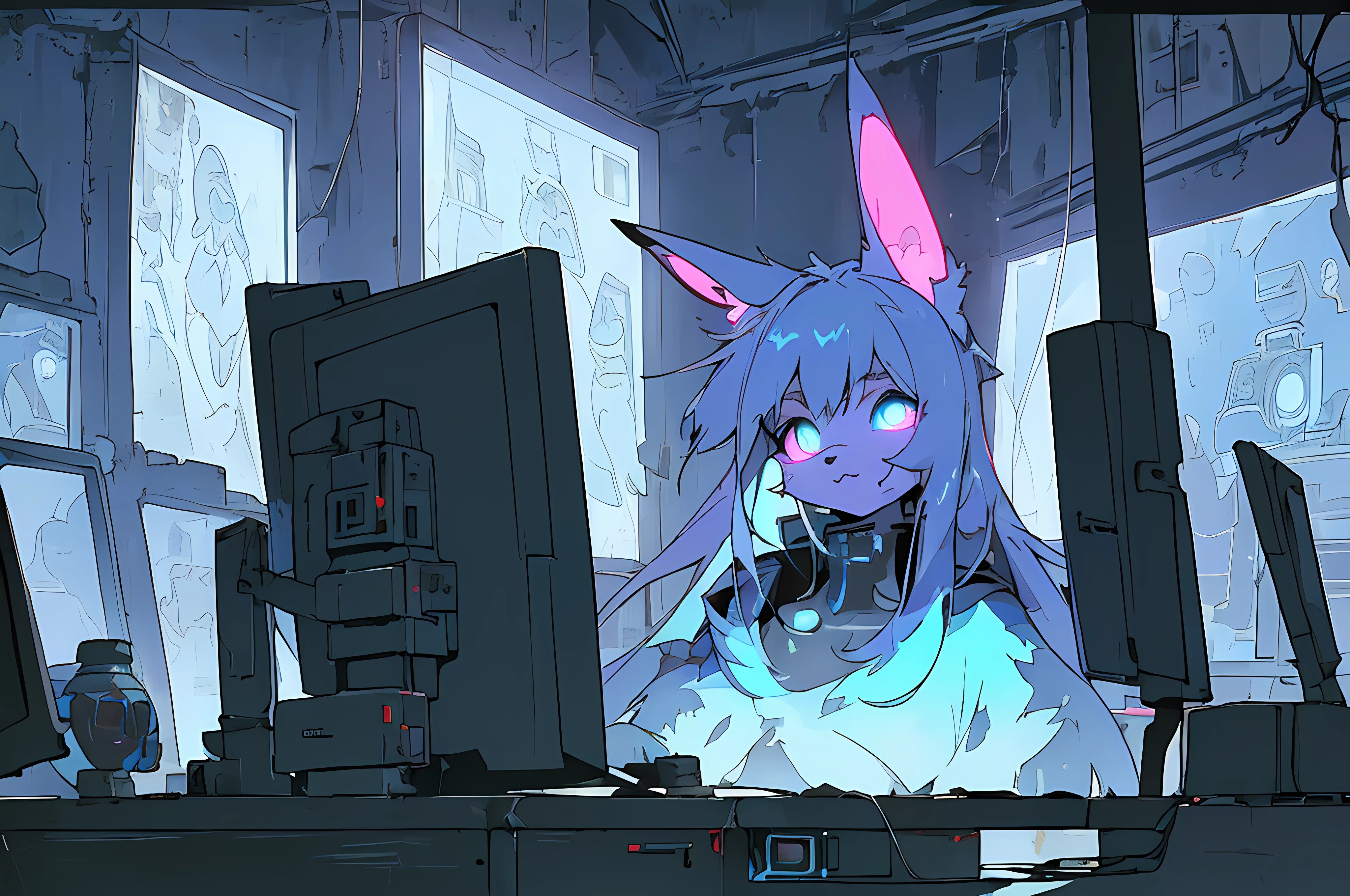 (((cyberpunk bleak bleak bleak dark black black black bleak gray))), vampire hunter d, (vintage vhs), (crt screenshot), (((dark scene))), (((dark cloudy scene))), (((angel's egg anime))), (((serial experiments lain anime))), (((underground basement scene))), (((unlit nighttime scene))), (((dark abandoned cyberpunk glowing screens lab house))), (((solemn blue anthro kemono furry rabbit with tall bunny ears exploring old computer screens))), (((underground cavern filled with glowing computer screens))), anime rabbit character with futuristic hair and glowing eyes and tall bunny ears exploring old ruins, anime art, anime aesthetic, (((old ruins in background cel art))), kemono anime rabbit girl, wearing cybernetic bunny ears, angry female fighter --v6