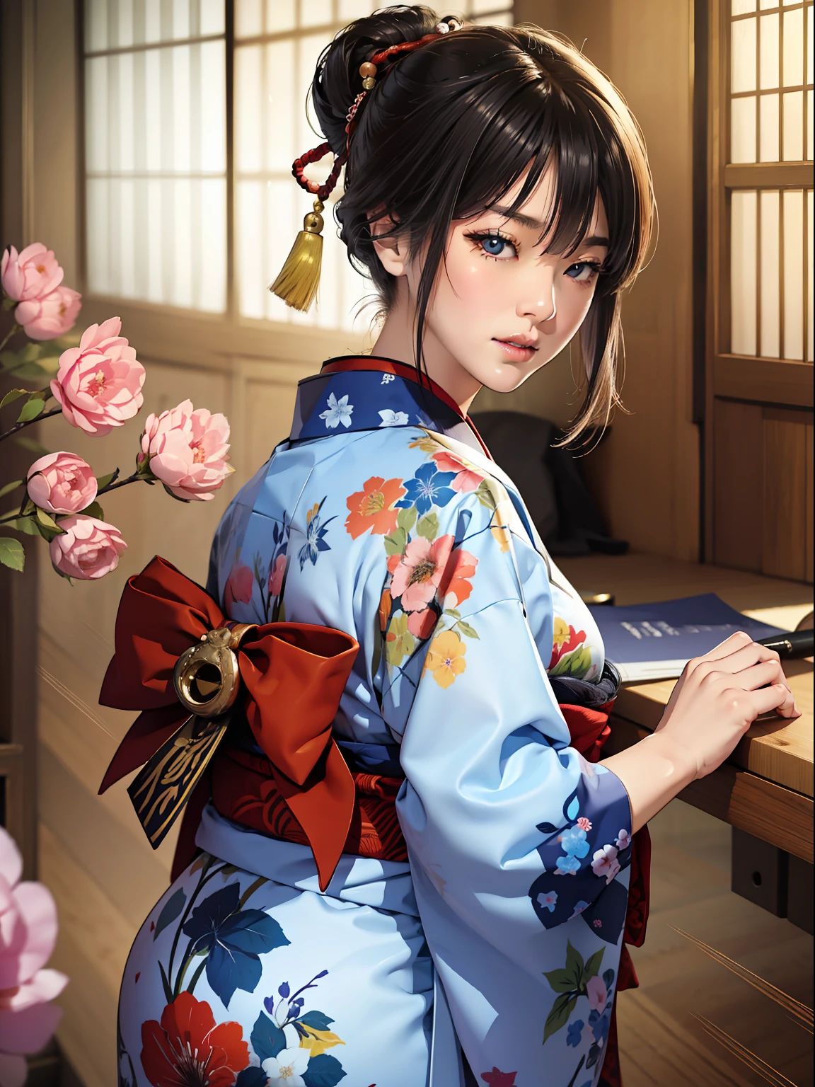Master Pieces,hyper quality, Hyper Detailed,Perfect drawing,独奏、Beauty in the world、Komono、Japanese dress、Black-haired、Japanese hair、Colorful Japan kimono、Nishijin Ori、Delicate and smart eyes、Half-open lips、sidelong glance、Graceful、Gorgeous、Beautiful、red blush(0.2)、Dazzling、Stunning、Gorgeous、Gentle、Shunguang、natural soft light、Flowers and Birds Fugetsu、traditional Japanese room、Accurate drawing、Detailed drawing