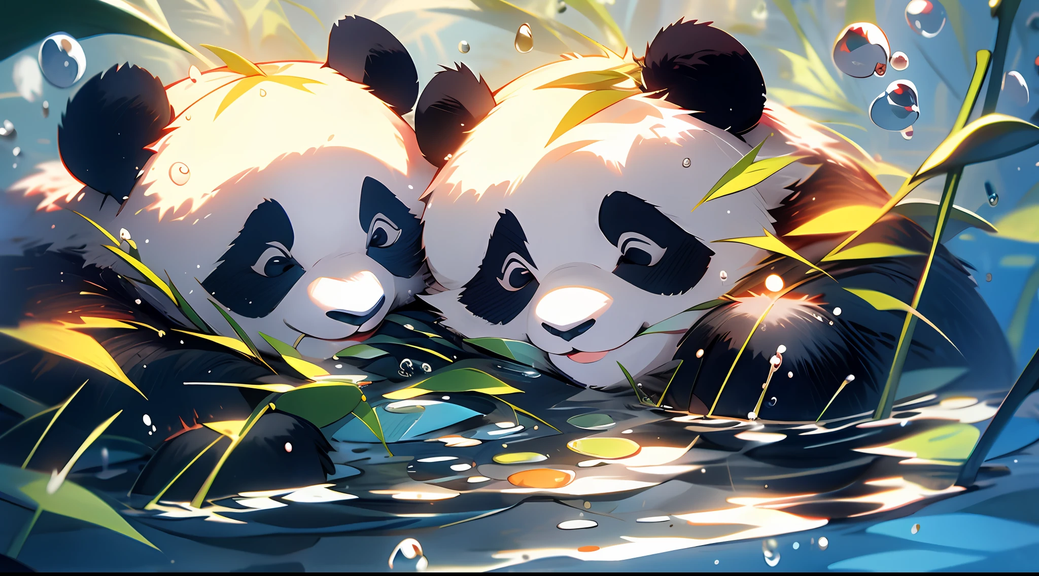 cute panda,closeup of face,portraitures,hairy pubic,leafs,No Man,under the water,under the water,swimmning,Buble,adorable smile,最好质量,8K,Simple and uniform colors,Don't mess with the picture,The panda holds a bottle of mineral water in his hand