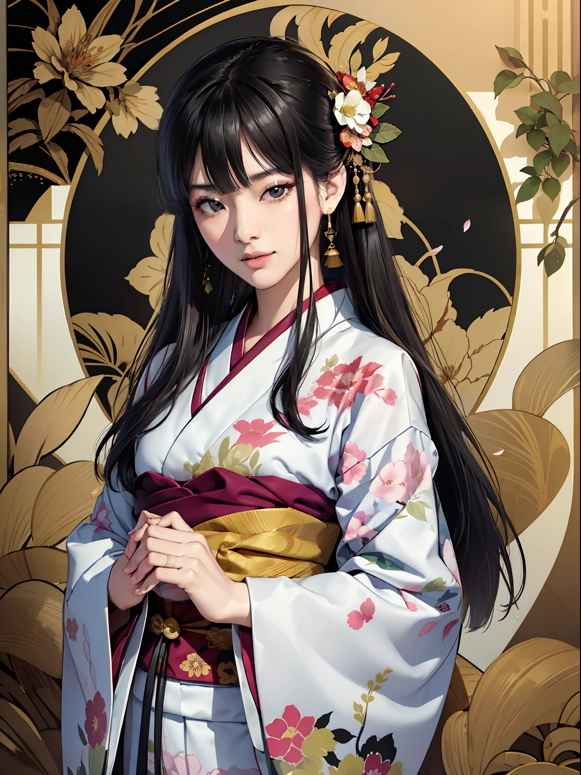 Mature girl、Long Black Hair、A slight smile、Black-haired、Colorful Japan kimono、Nishijin Ori、Delicate and smart eyes、intricate damask hanfu、Luxury accessories、FOV、F1.8、​masterpiece、complex scenes、flower petals flying、Diagonal portrait shot、