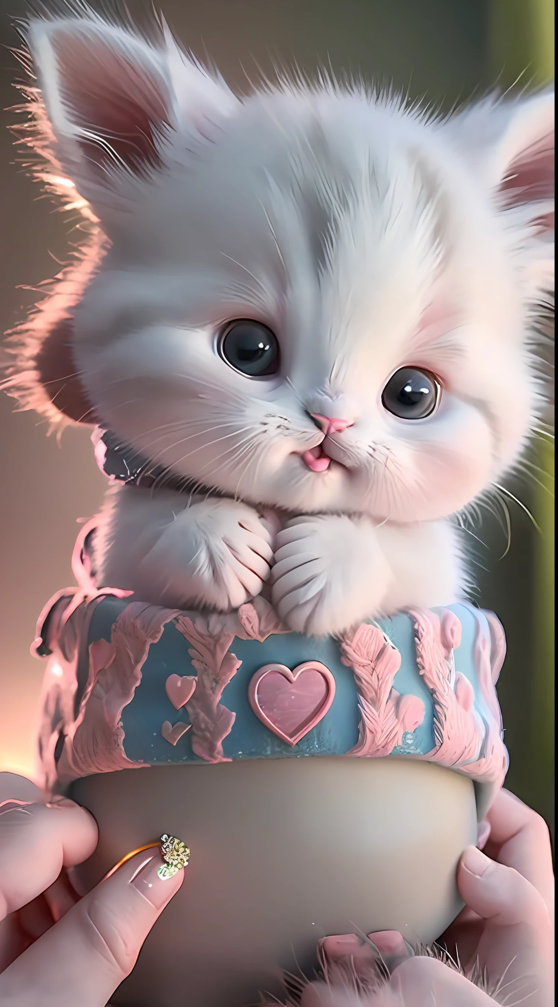 A white-haired kitten sits on a person's hand, Miniature kittens, Animal focus, sbeard, realisticlying, POV hands, vague background,in pink,blingbling,ssmile,Funny,Open-mouthed