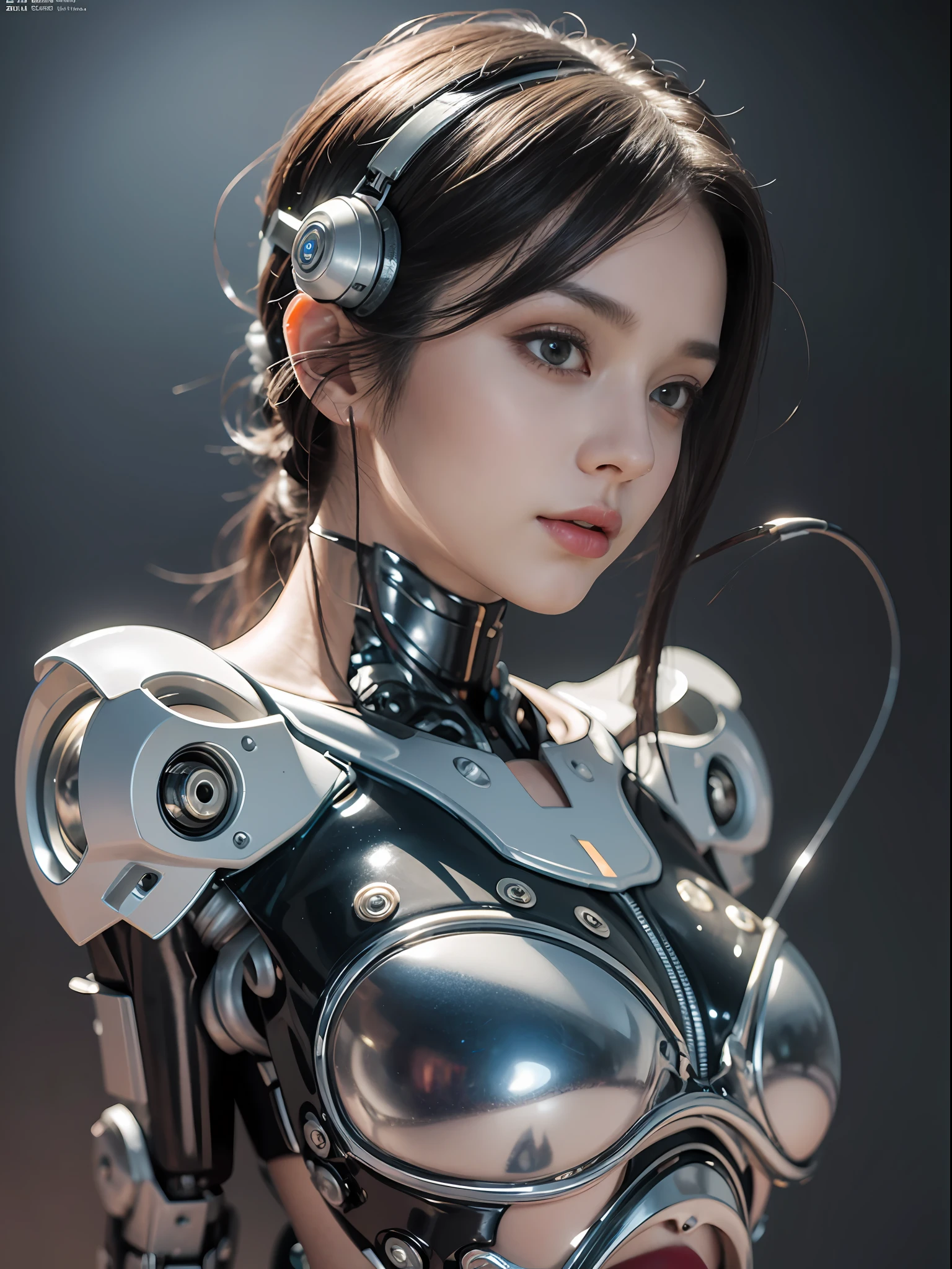 complex 3d render ultra detailed of a beautiful porcelain profile woman android face , Cyborg , cyborg robot parts , 150mm beautiful studio soft light , rim-light ,vibrant detail , Luxurious cyberpunk , Lace ,Hyperrealistic , anatomically , face muscles ,Cable Electrical Wire , micro Chip , elegant ,Beautiful background octane rendering , h. r.Giger style , 8K , Best quality , Masterpiece ,illustration , Extremely Delicately Beautiful , Extremely detailed , CG , Unity , the wallpaper , (Realistic , photo-realistic:1.37) ,Amazing , finedetail , Masterpiece , best qualtiy , offcial art , Extremely detailed CG Great Unity 8k wallpaper , absurderes , unbelievable Ridiculous , robot , silver halmet , Human head , Human breasts ,human arms , The legs are slightly forked .Delicate face , Visual audience