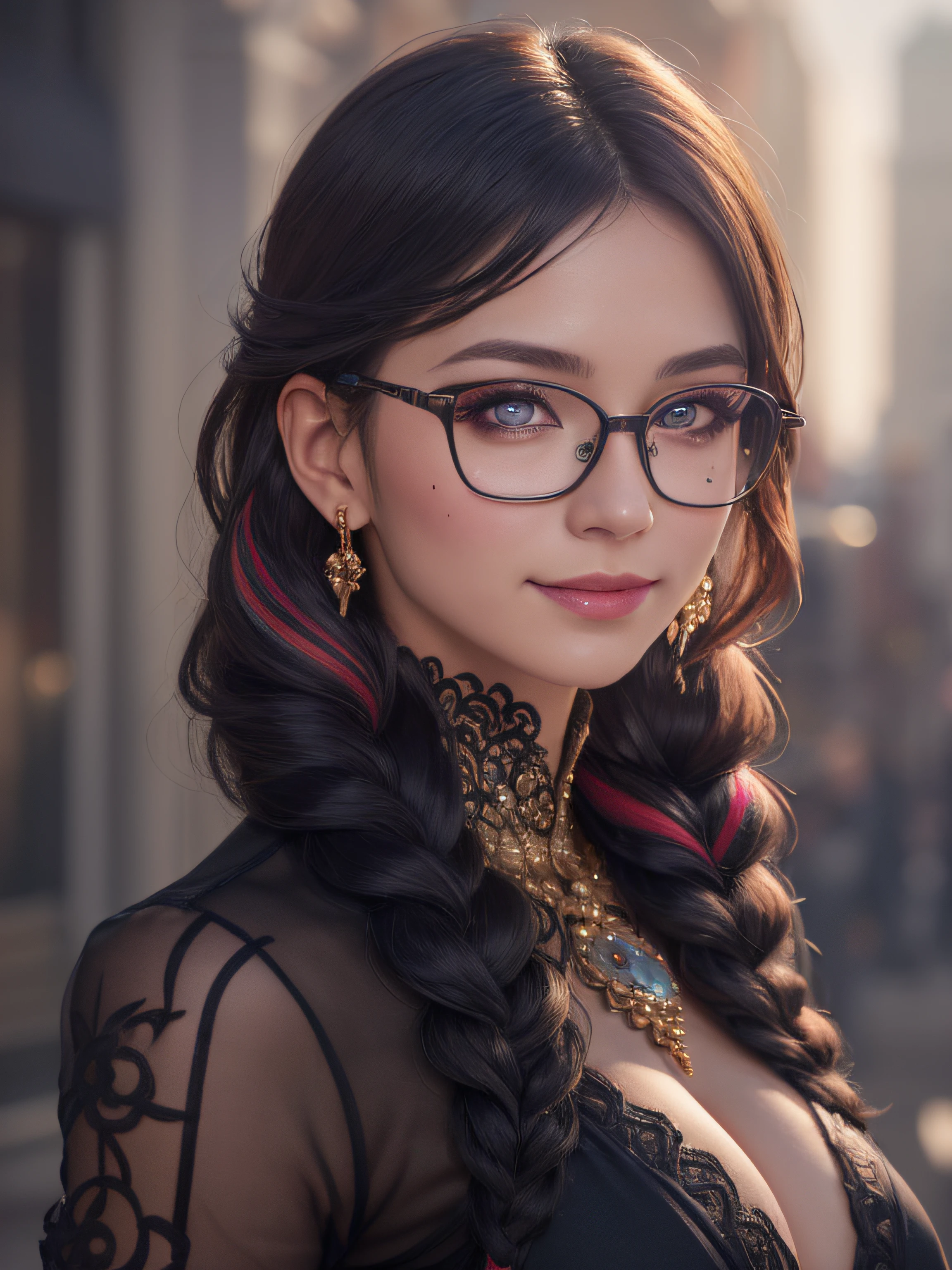 cereza,1girl, solo, breasts,glasses looking at viewer, smile, large breasts, simple background, jewelry, braid, red hair, multicolored hair, earrings, mole, twin braids, streaked hair, clothing cutout, makeup, lipstick, mole under mouth, eyeshadow  (realistic:1.2), (realism), (masterpiece:1.2), (best quality), (ultra detailed), (8k, 4k, intricate),(full-body-shot:1), (85mm),light particles, lighting, (highly detailed:1.2),(detailed face:1.2), (gradients), sfw, colorful,(detailed eyes:1.2)(detailed background),detailed landscape, (dynamic angle:1.2), (dynamic pose:1.2), (rule of third_composition:1.3), (Line of action:1.2)