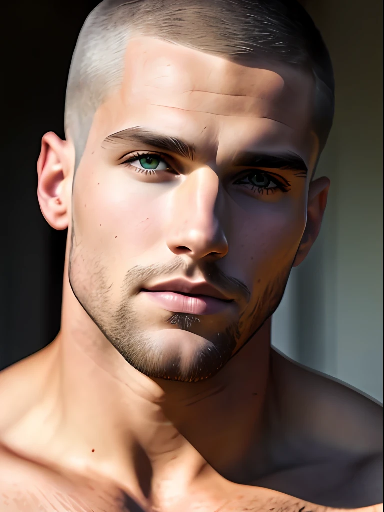 Masterpiece full frame, Close portrait, insanely handsome male model, 40s, Herculean Greek male, taupe clear skin, auburn buzzcut hair, blonde hair, very masculine, heterochromia green eyes, (skin texture), skin pores, shallow depth of field, sharp eye focus, backlit